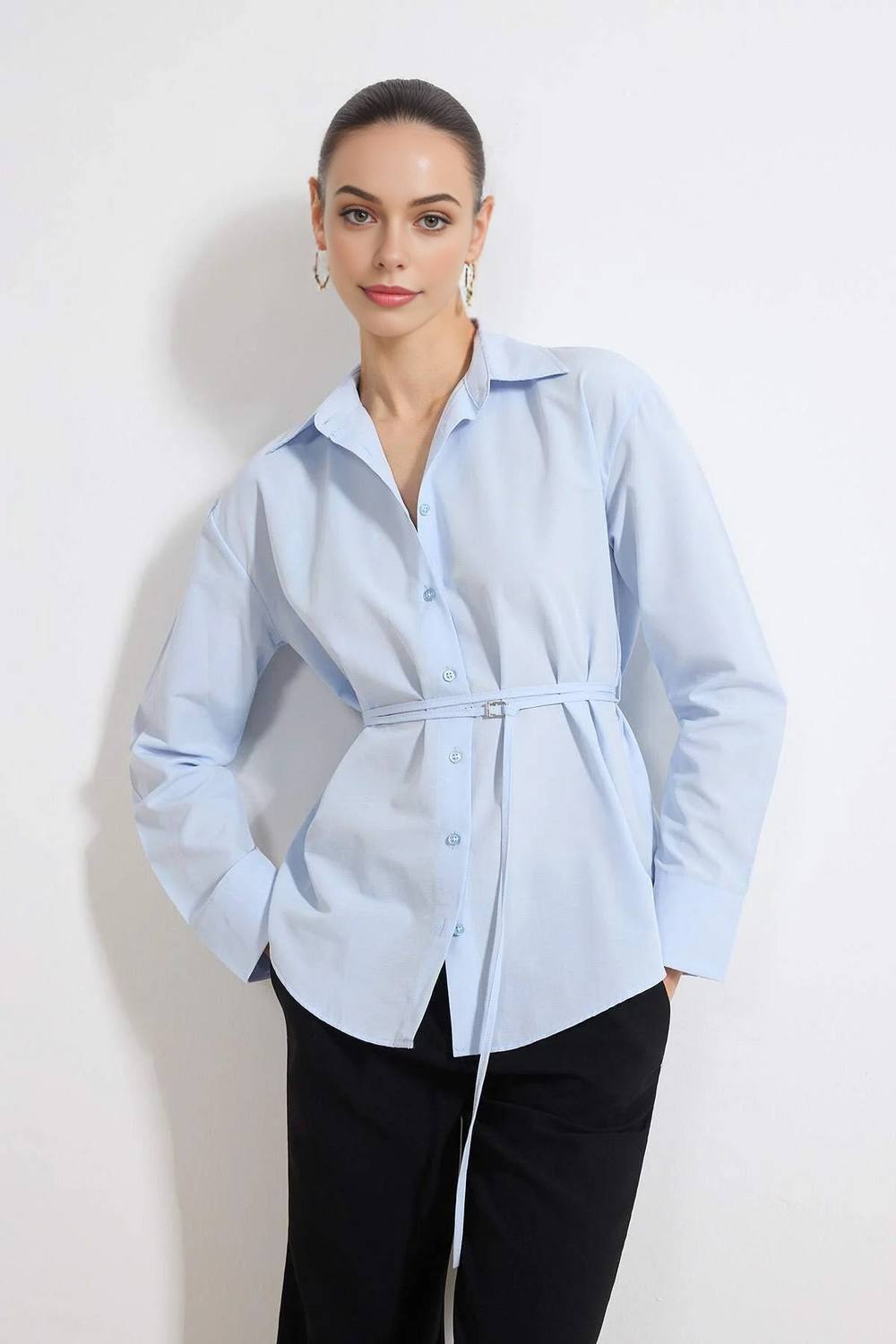 Wovcor Belted Oversized Collared Long Sleeve Plain Shirt In Light Blue