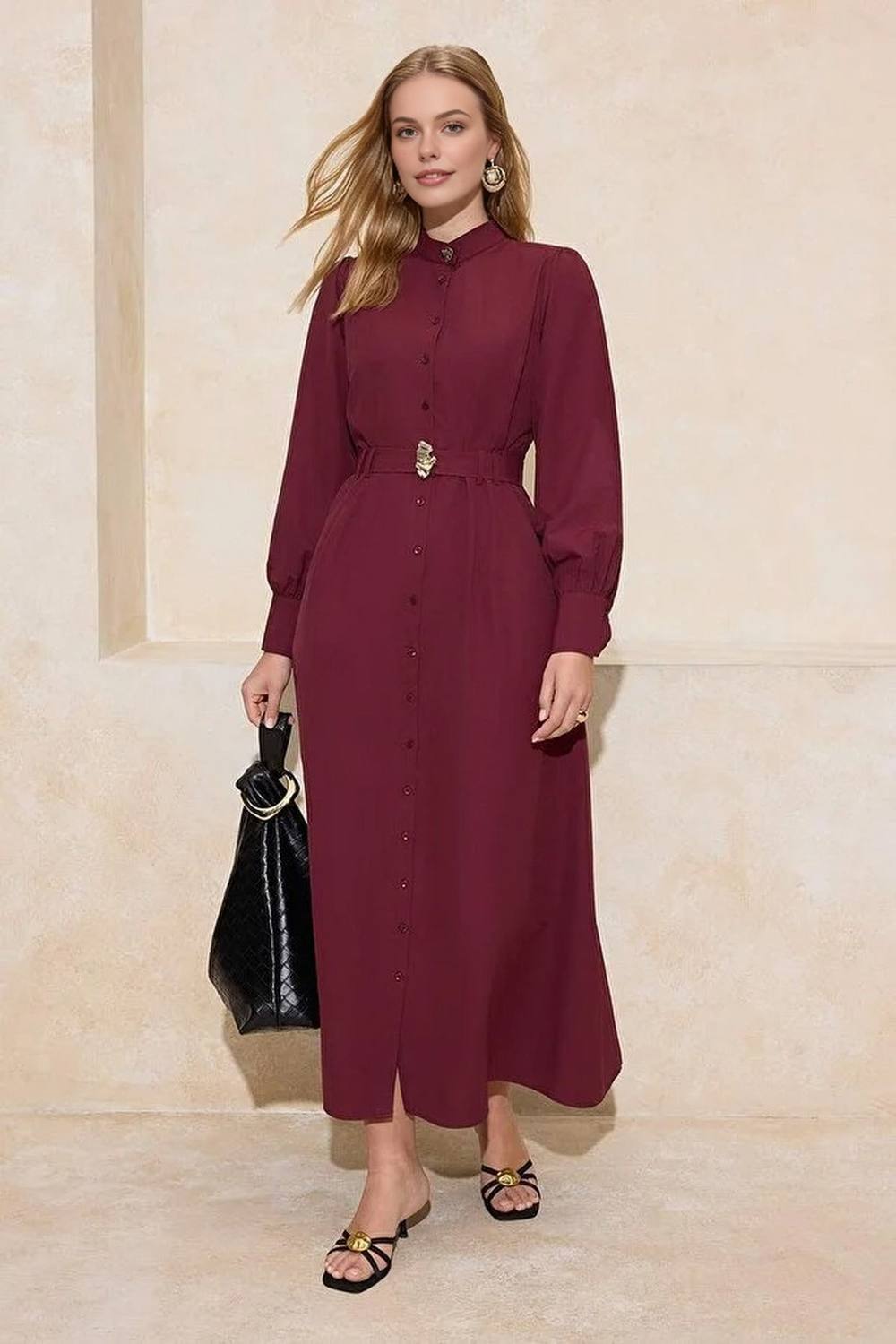 Wovcor Belted Button Front Long Sleeve Cotton Maxi Shirt Dress In Burgundy