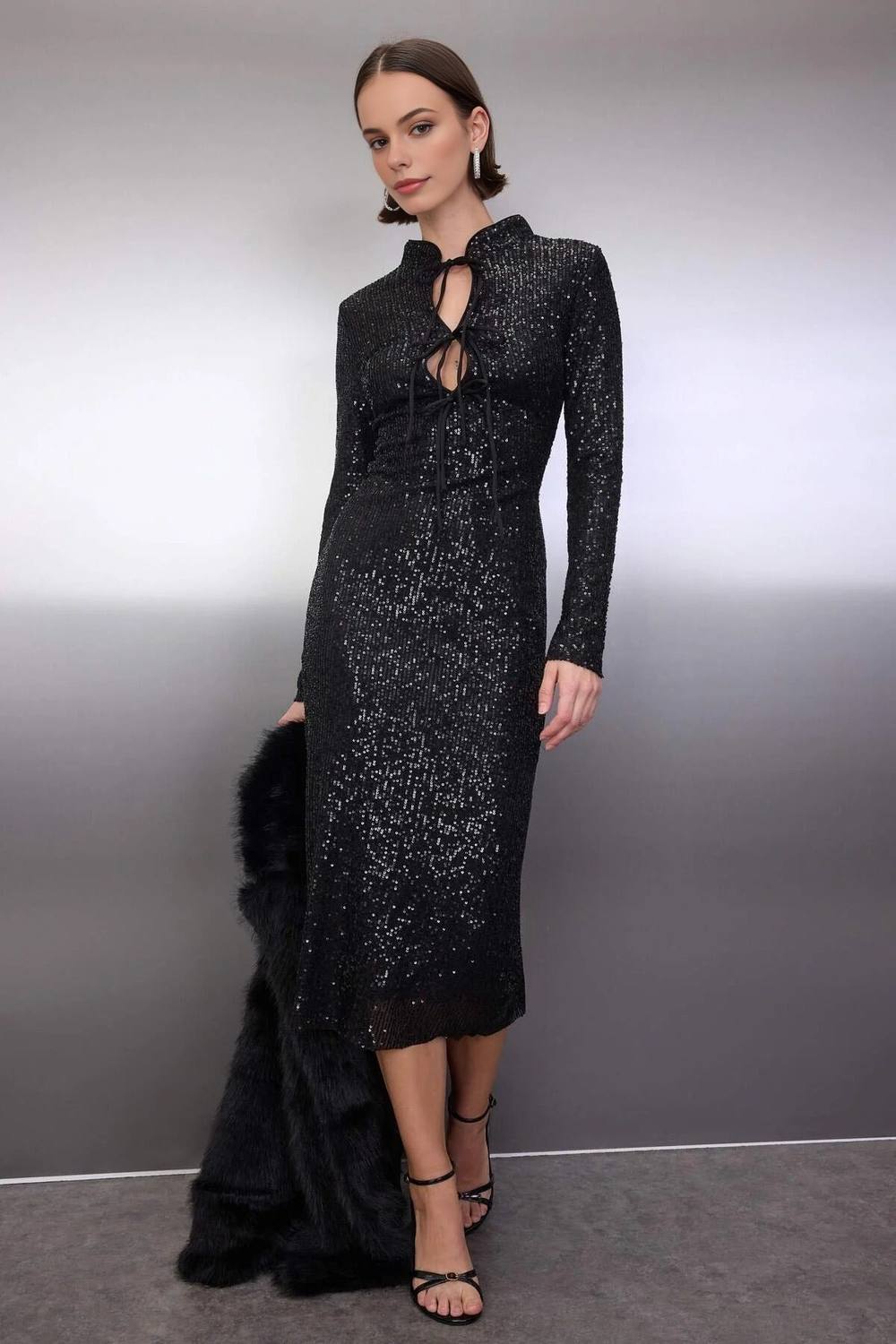 Wovcor Tie Front Keyhole Long Sleeve Sequin Midi Bodycon Dress In Black Wovcor Tie Front Keyhole Long Sleeve Sequin Midi Bodycon Dress In Black