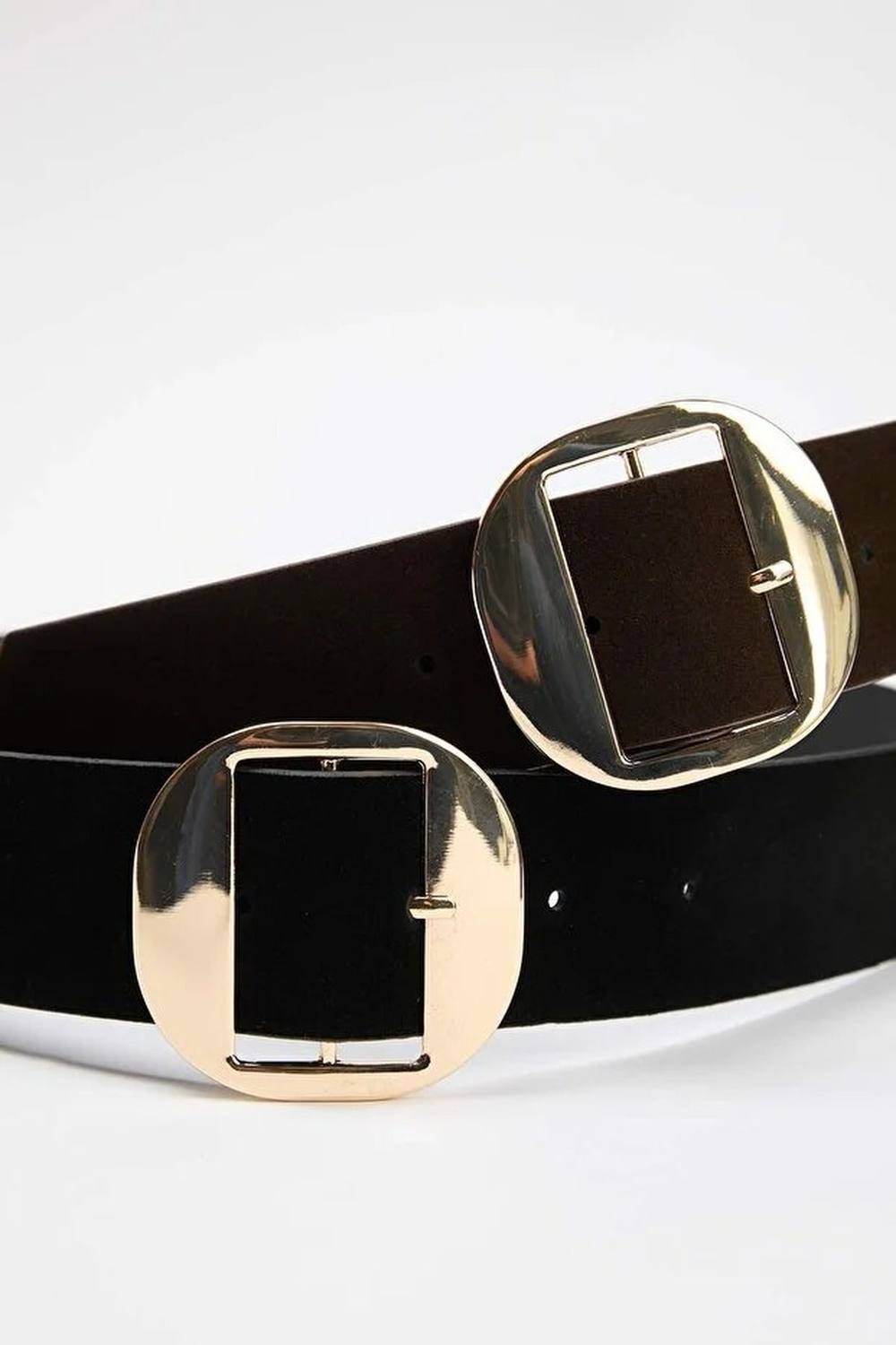 Wovcor Gold Circle Buckle Faux Suede Dual Tone Belt Set