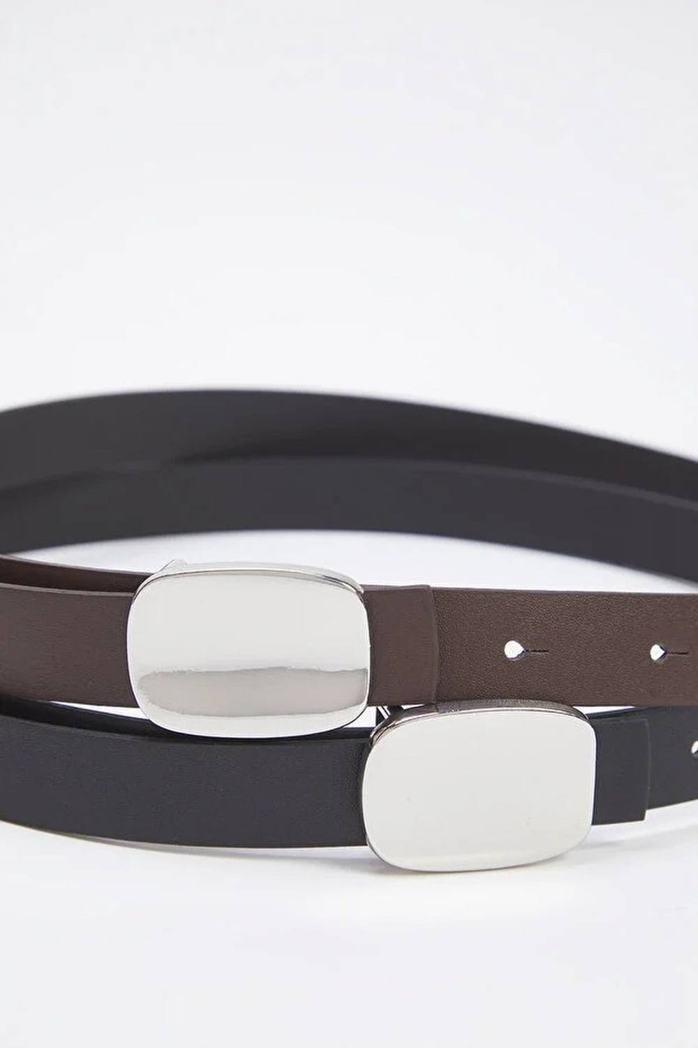 Wovcor Double Pack Silver Oval Plaque Buckle Slim Faux Leather Belt