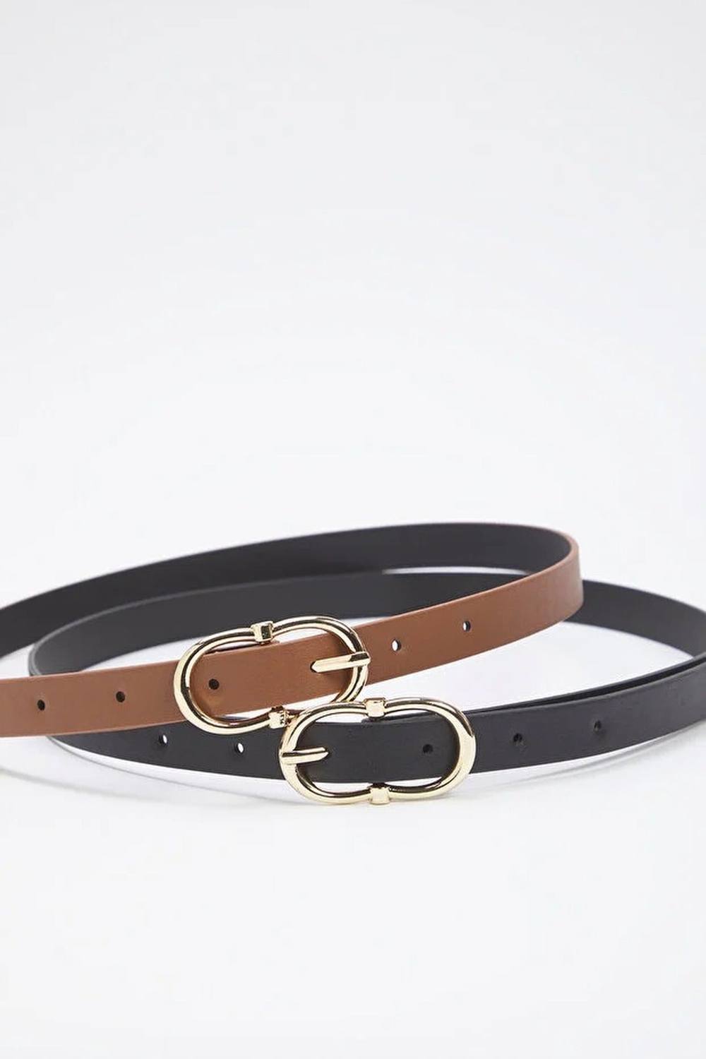 Wovcor Double Pack Gold Oval Buckle Slim Faux Leather Belt