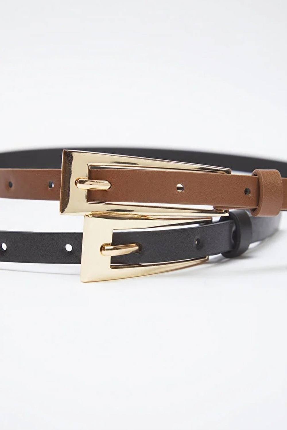 Wovcor Double Pack Gold Angular Buckle Slim Faux Leather Belt