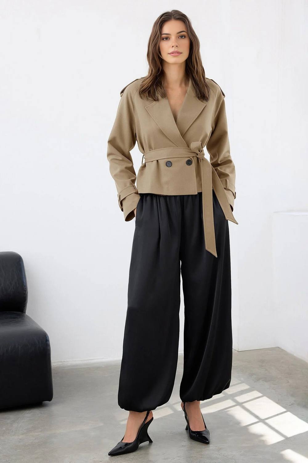 Wovcor Belted Double Breasted Tailored Blazer Jacket In Taupe Wovcor Belted Double Breasted Tailored Blazer Jacket In Taupe