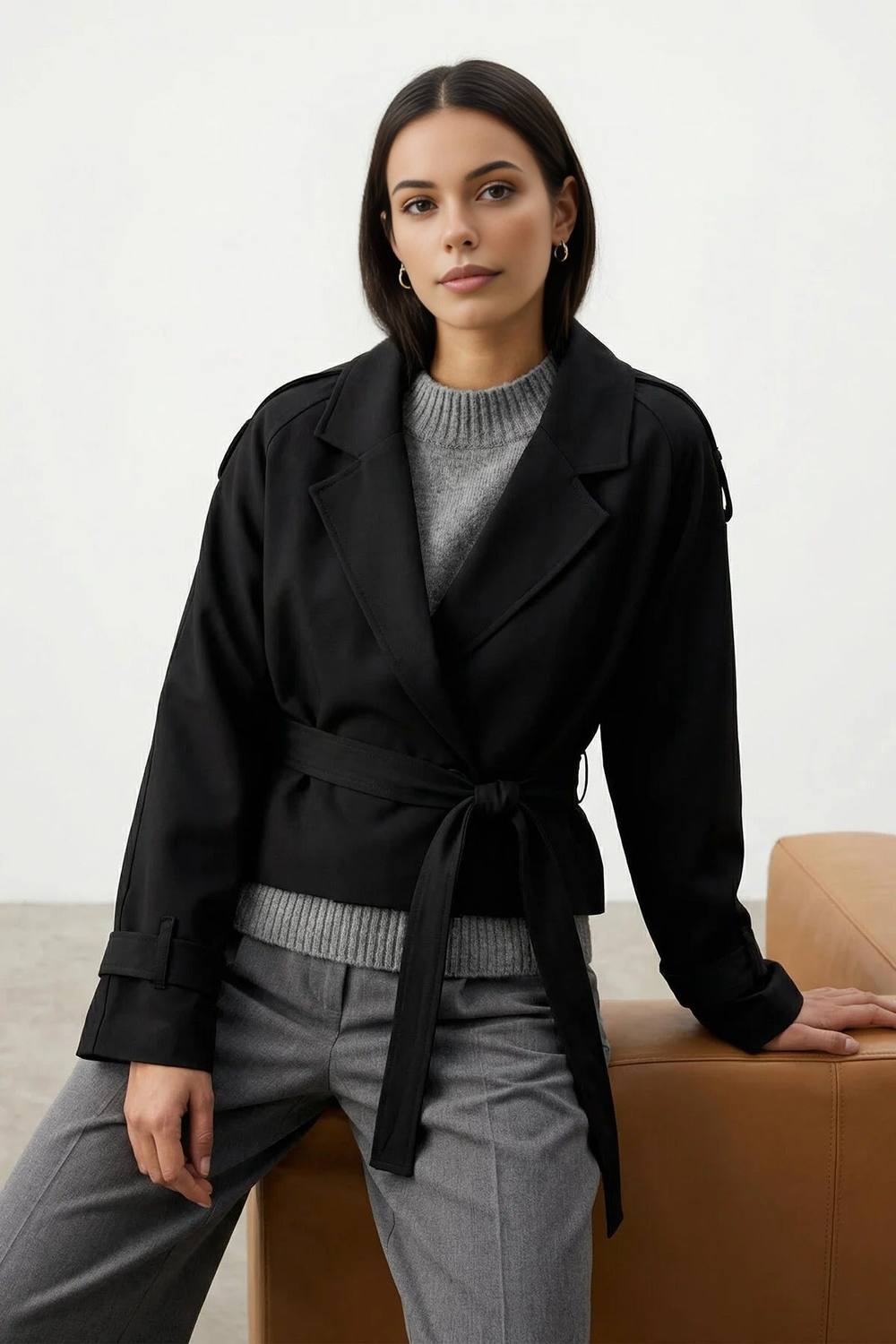 Wovcor Belted Double Breasted Tailored Blazer Jacket In Black