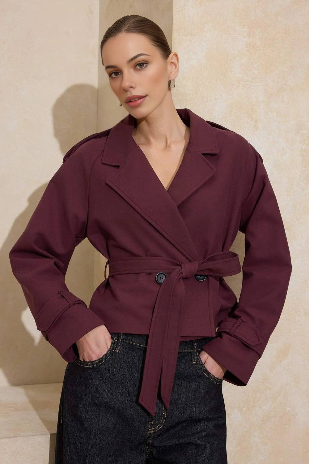 Wovcor Belted Double Breasted Tailored Blazer Jacket In Burgundy Wovcor Belted Double Breasted Tailored Blazer Jacket In Burgundy