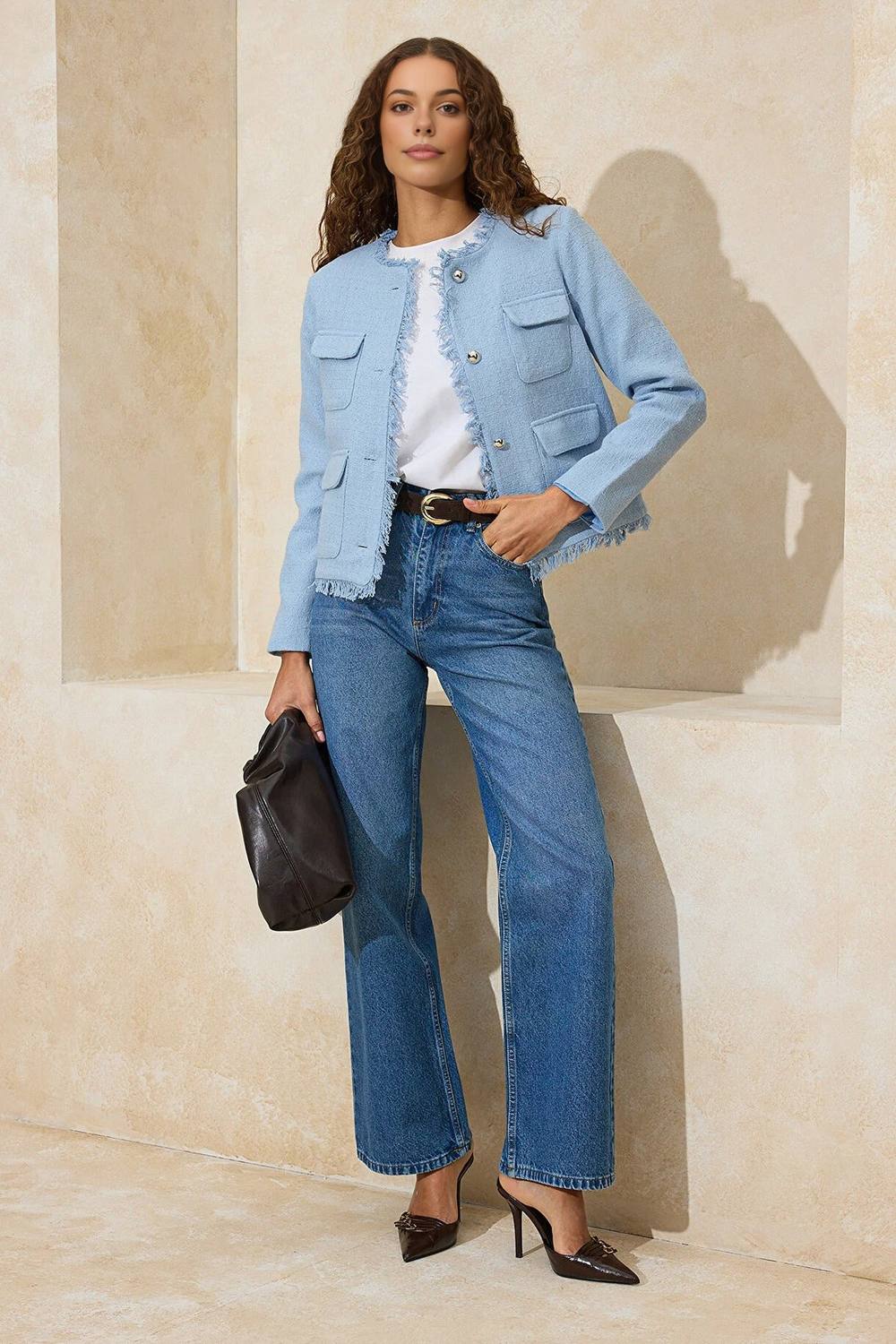 Wovcor Frayed Trim Button Front Textured Tailored Jacket In Light Blue Wovcor Frayed Trim Button Front Textured Tailored Jacket In Light Blue