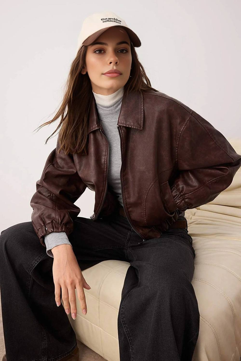 Wovcor Vintage Washed Zip Through Faux Leather Bomber Jacket In Brown
