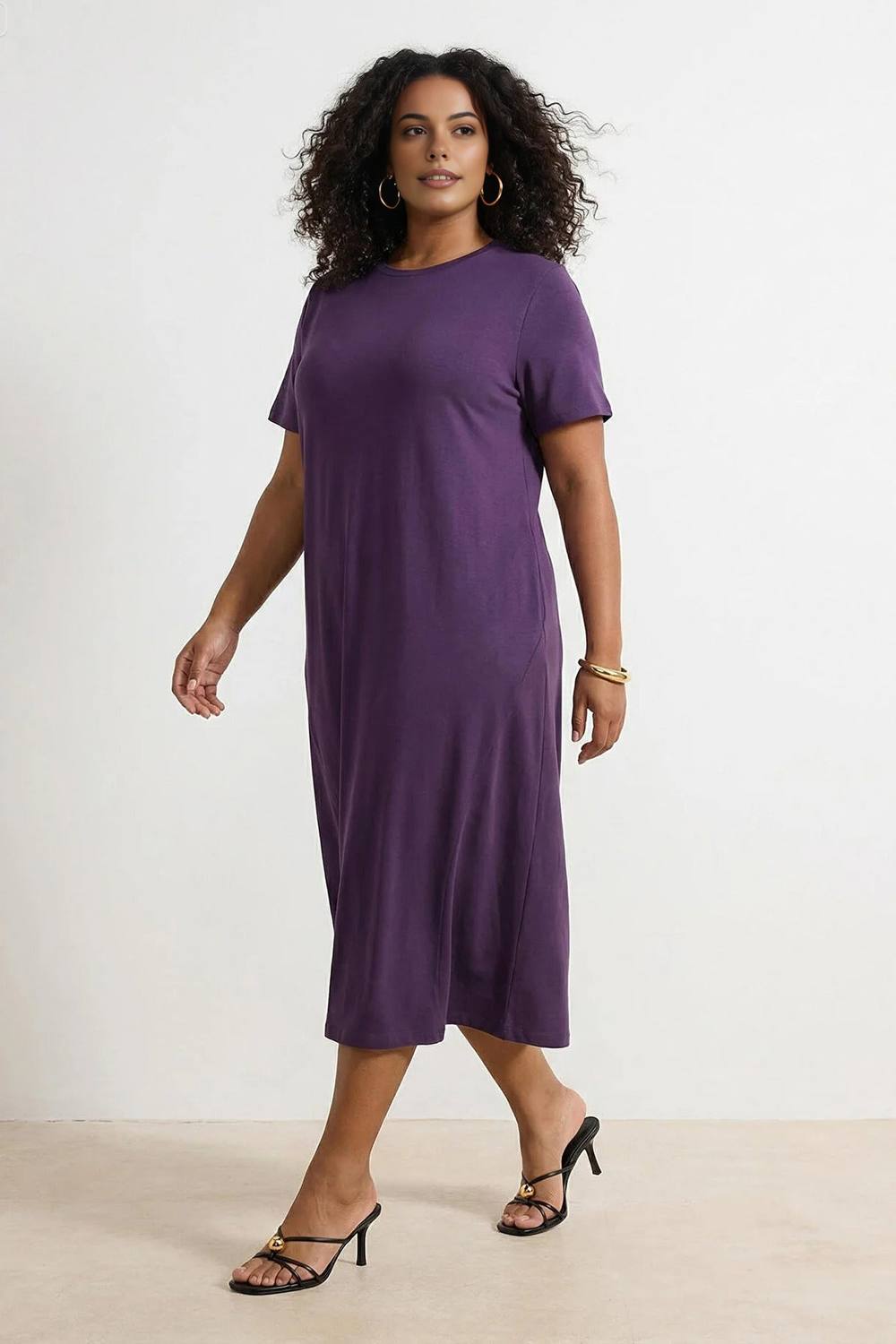 Wovcor Crew Neck Relaxed Fit Shirt Maxi Dress With Pockets In Purple