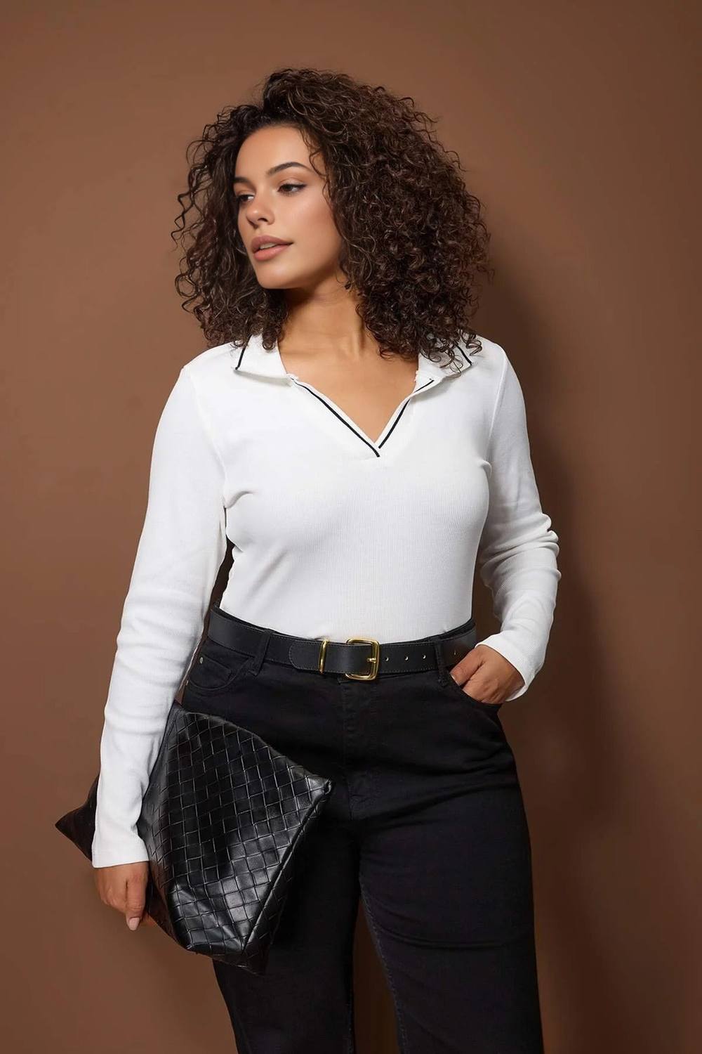 Wovcor Ribbed Polo Collar Long Sleeve Fitted Top In White