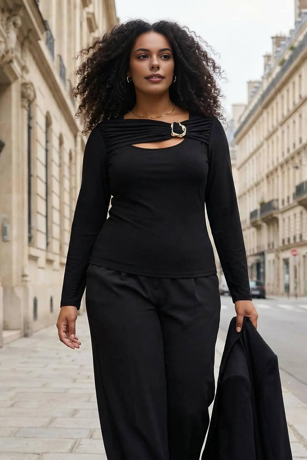 Wovcor Cut Out Hardware Detail Long Sleeve Fitted Top In Black Wovcor Cut Out Hardware Detail Long Sleeve Fitted Top In Black