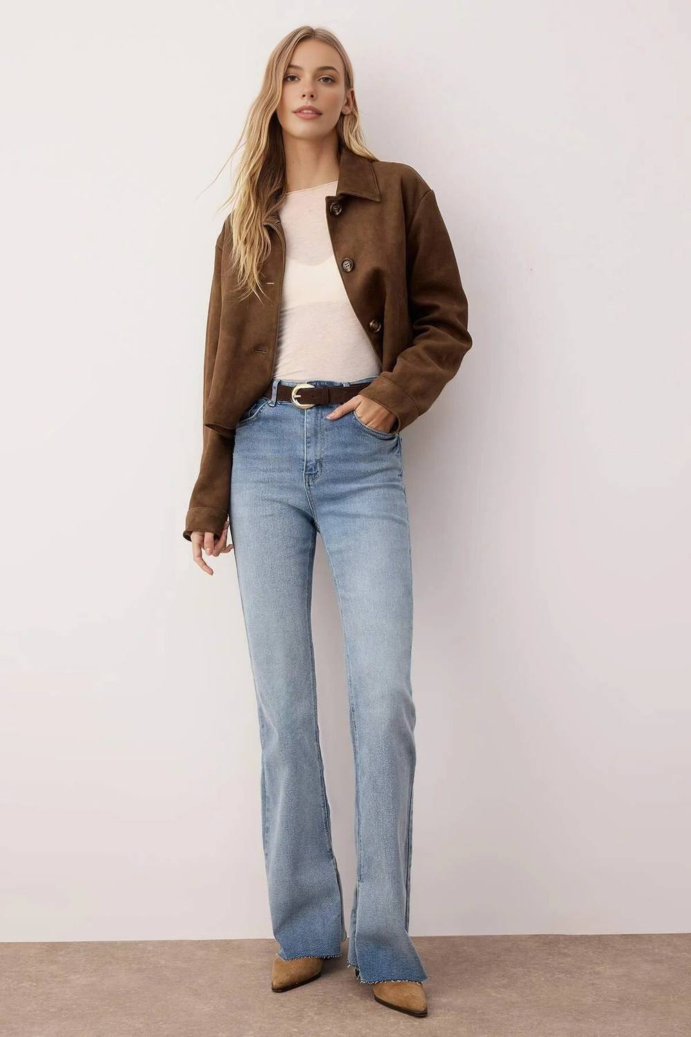 Wovcor High Waist Flared Smoke Jeans With Front Slit In Blue