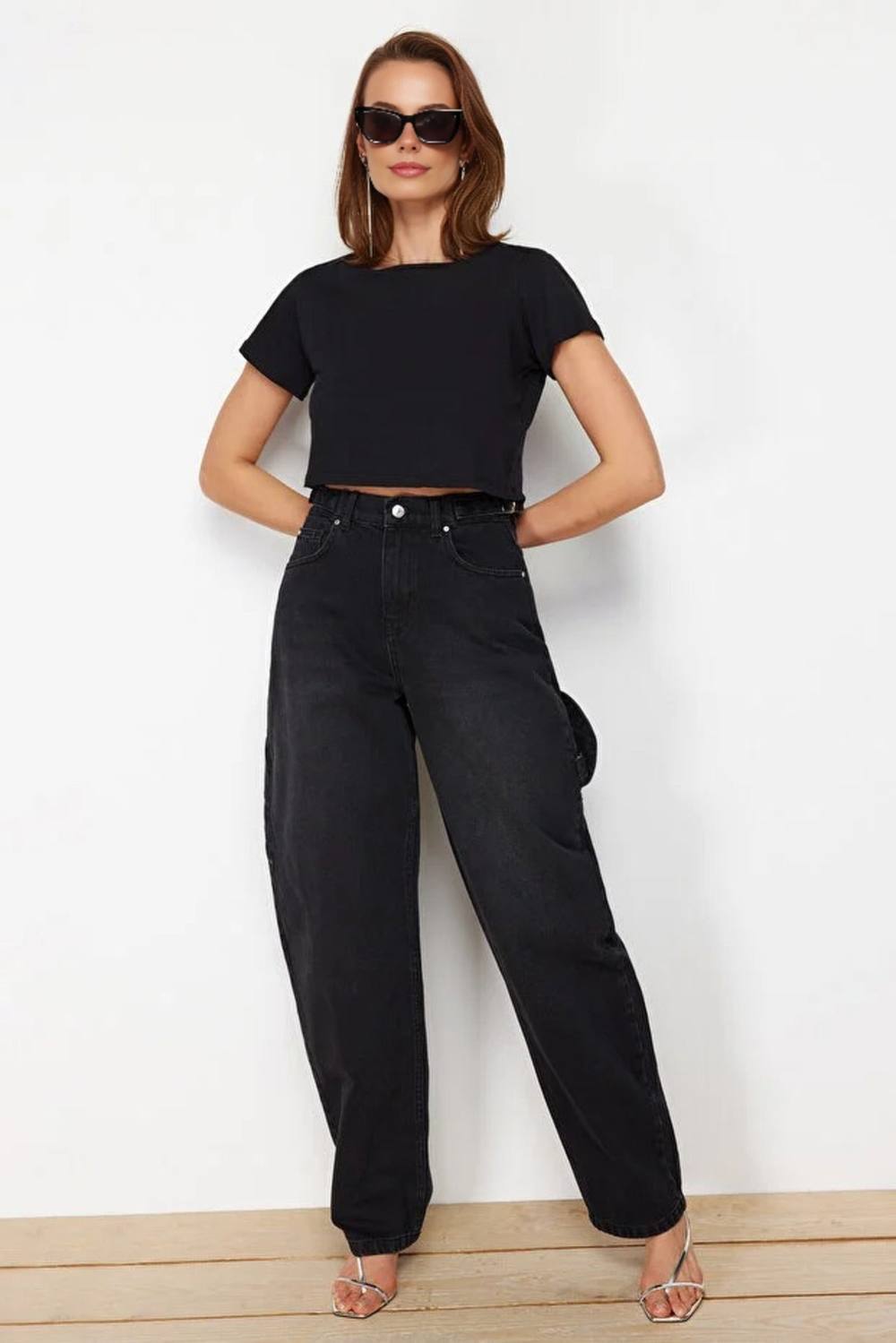 Wovcor High Waist Loose Baggy Carpenter Jeans In Black Wovcor High Waist Loose Baggy Carpenter Jeans In Black