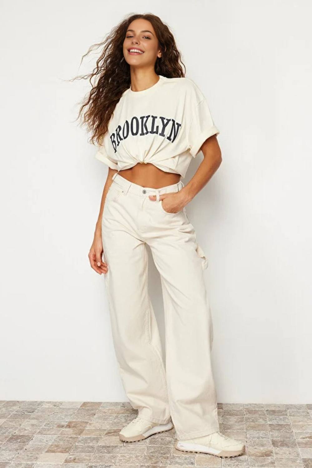 Wovcor High Waist Loose Baggy Carpenter Jeans In Ecru