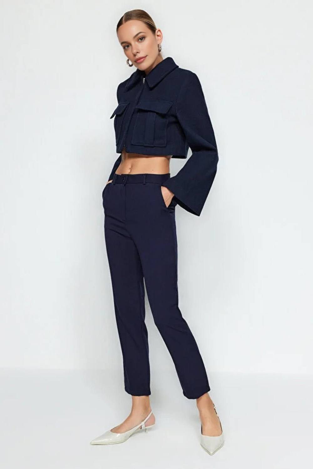 Wovcor High Waist Slim Fit Cigarette Trousers In Navy Wovcor High Waist Slim Fit Cigarette Trousers In Navy