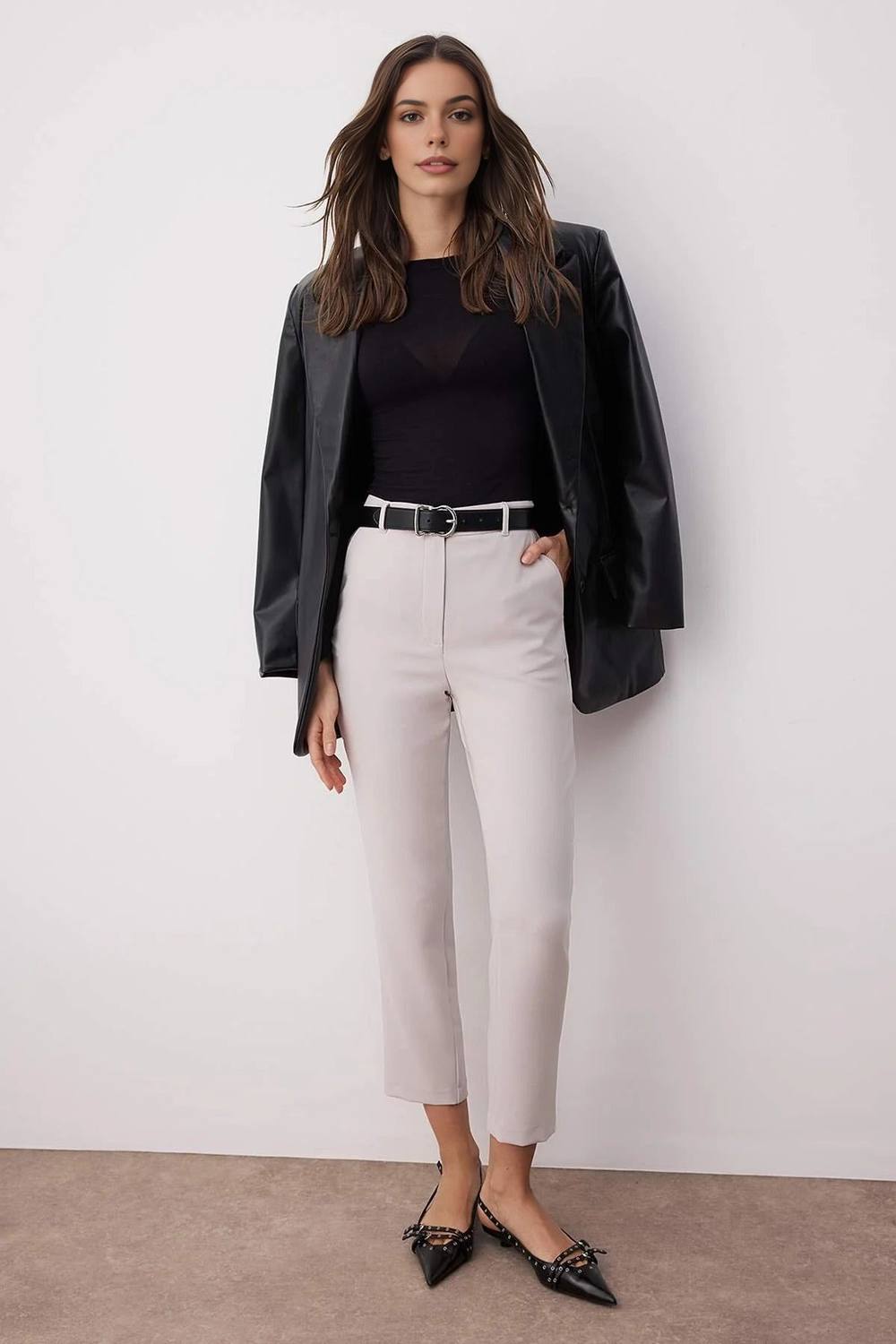 Wovcor High Waist Slim Fit Cigarette Trousers In Grey Wovcor High Waist Slim Fit Cigarette Trousers In Grey