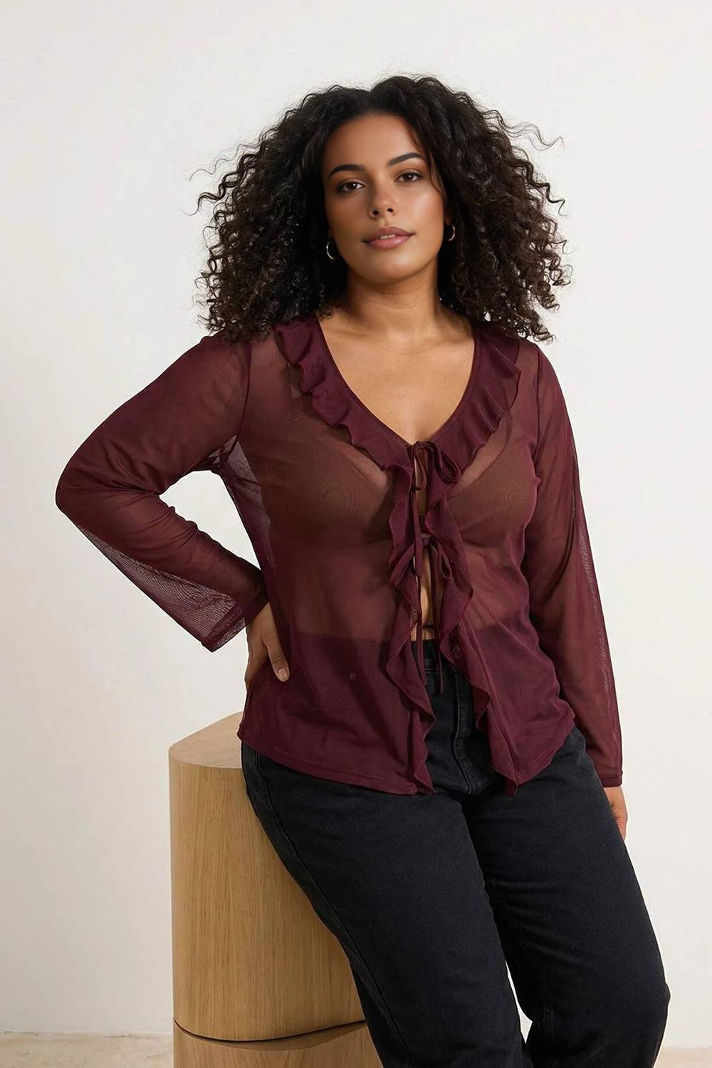 Wovcor Sheer Mesh Tie Front Frill Detail Long Sleeve Blouse In Burgundy