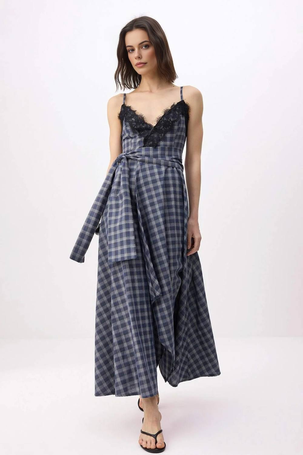 Wovcor Checked Lace Trim Strappy Midi Wrap Dress With Belt Detail
