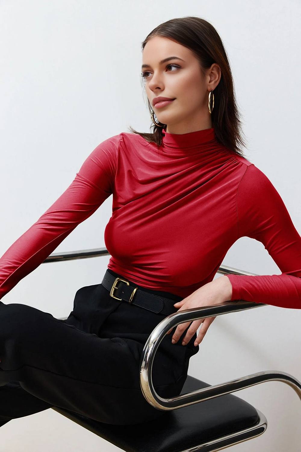 Wovcor Ruched High Neck Long Sleeve Stretch Top In Red