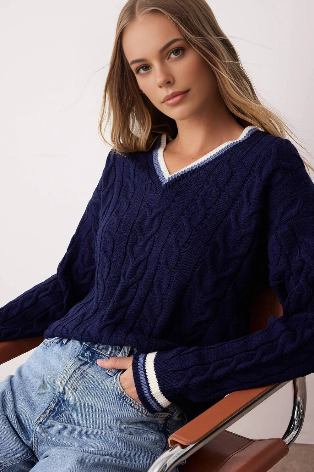 Wovcor Cable Knit V Neck Contrast Trim Jumper In Navy Wovcor Cable Knit V Neck Contrast Trim Jumper In Navy