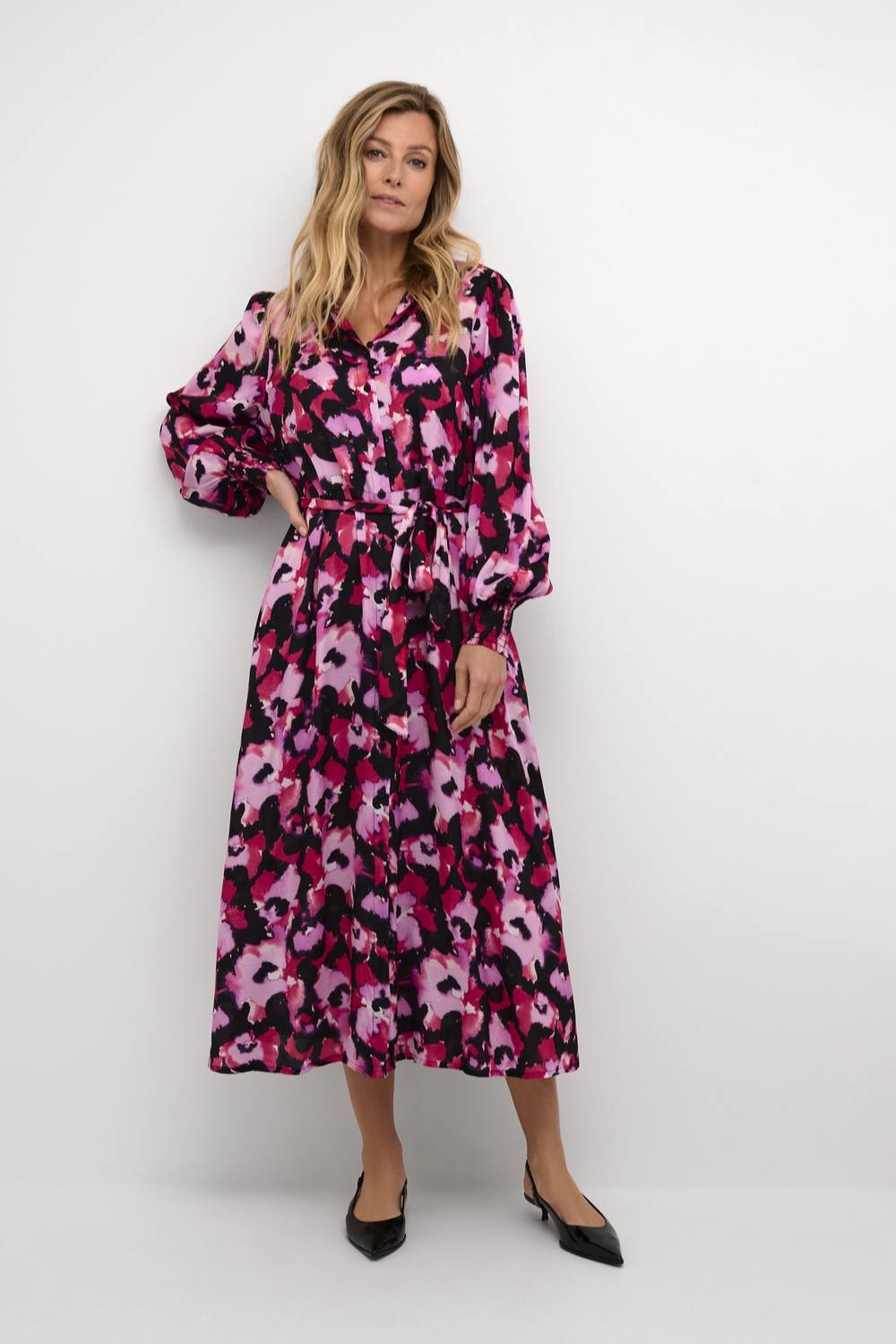 Kaffe Pollie Long Sleeve Maxi Shirt Dress In Fuchsia