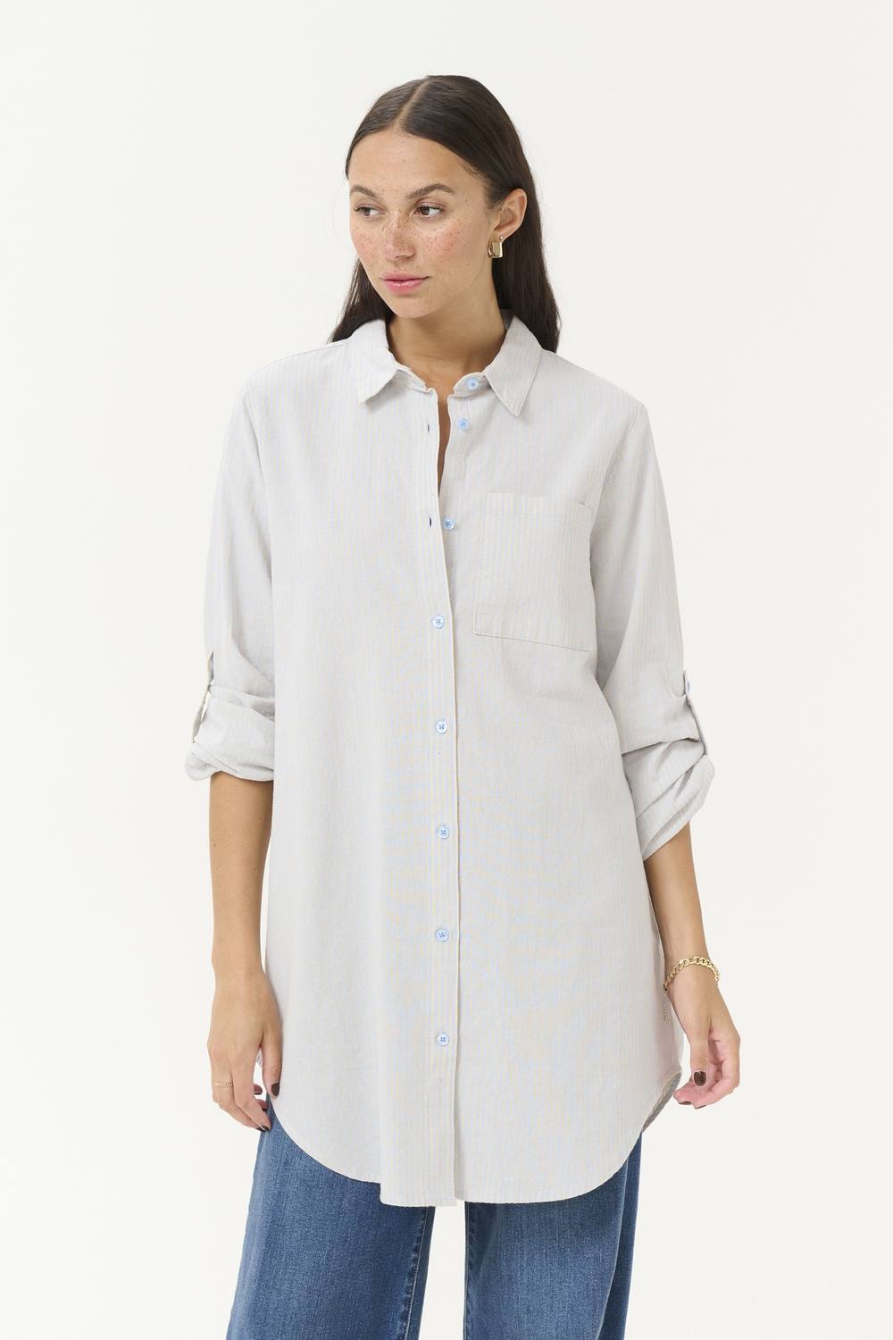 Kaffe Kanaya Striped Casual Fit Tunic Shirt In Cream Kaffe Kanaya Striped Casual Fit Tunic Shirt In Cream