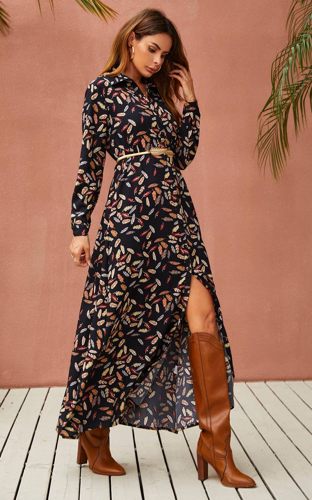 Fs Collection Leaf Print Black Shirt Dress With Tie Waist And Free Gold Stretch Leaf Belt