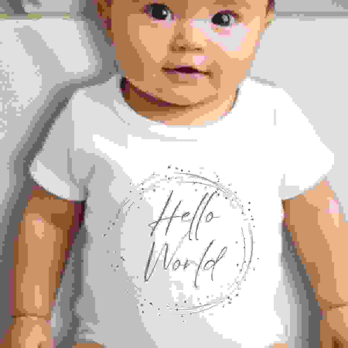 Hello World Silver Circle Baby Vest, babygrow, Romper Sleepsuit Onsie, Bib Hello World Silver Circle Baby Vest, babygrow, Romper Sleepsuit Onsie, Bib