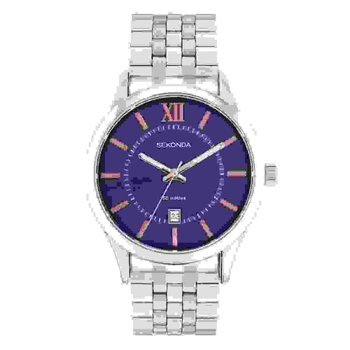 Sekonda Mens Dated Round Blue Dial Stainless Steel Bracelet Watch