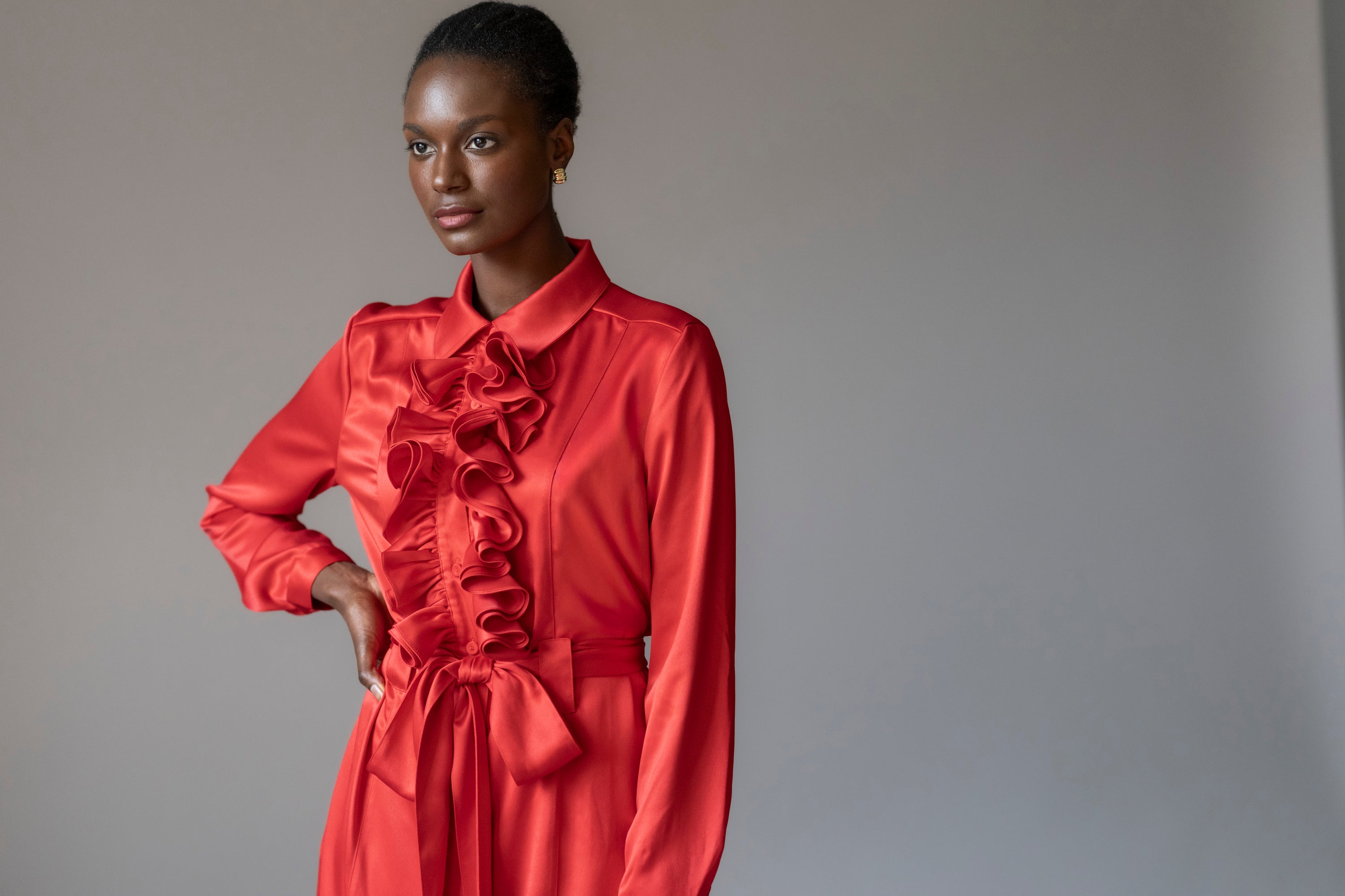 Maria Regular Fit Ruffle Front Midi Shirt Dress In Red Satin Crepe Maria Regular Fit Ruffle Front Midi Shirt Dress In Red Satin Crepe