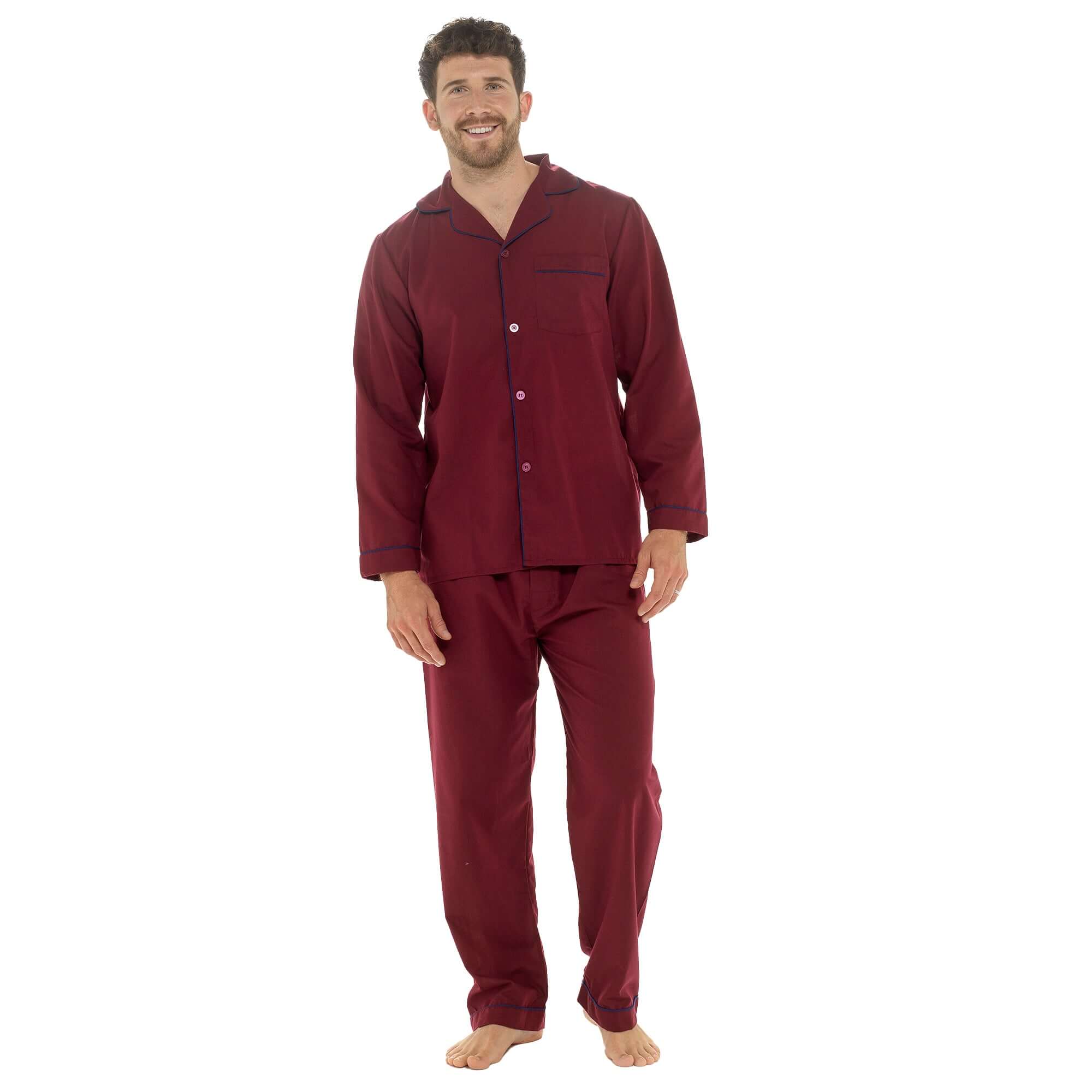 Men’s Classic Red Woven Pyjama Set Long Sleeve Button Top & Bottoms Easy Care Nightwear Sleepwear by Sock Stack – RED
