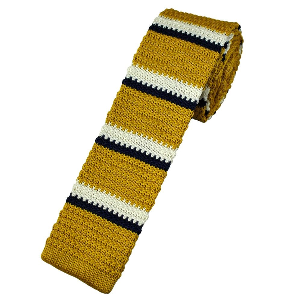 Mustard Gold, White & Navy Horizontal Stripe Men's Knitted Tie
