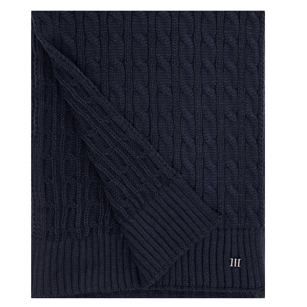 Navy Blue Cable Knit Winter Scarf with Metal Tresanti Logo