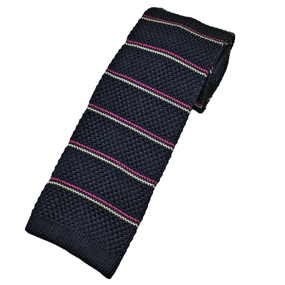 Navy Blue, Fuchsia Pink & White Striped Men's Knitted Tie Navy Blue, Fuchsia Pink & White Striped Men's Knitted Tie