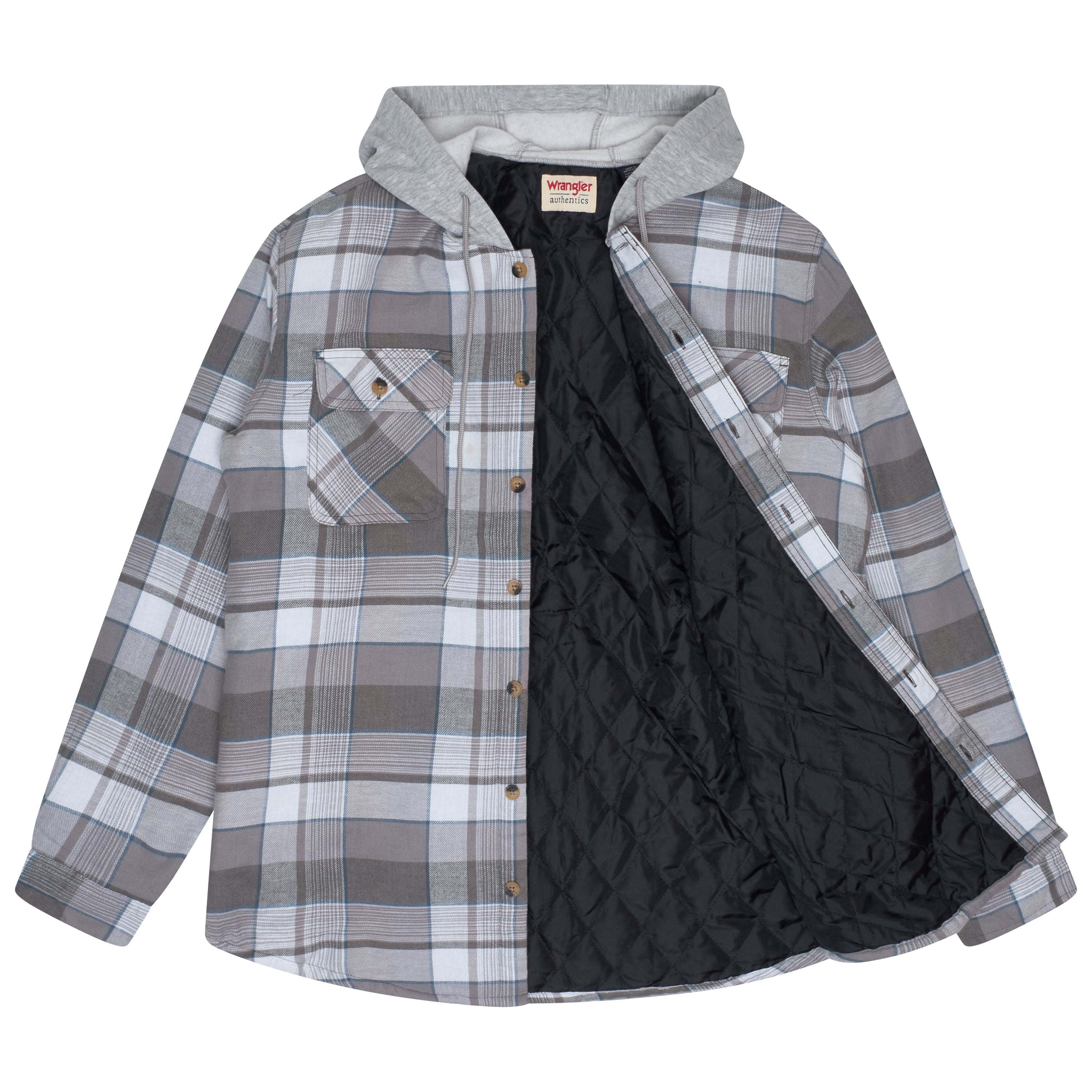 Wrangler Padded Hooded Shirt Jacket – Grey Check
