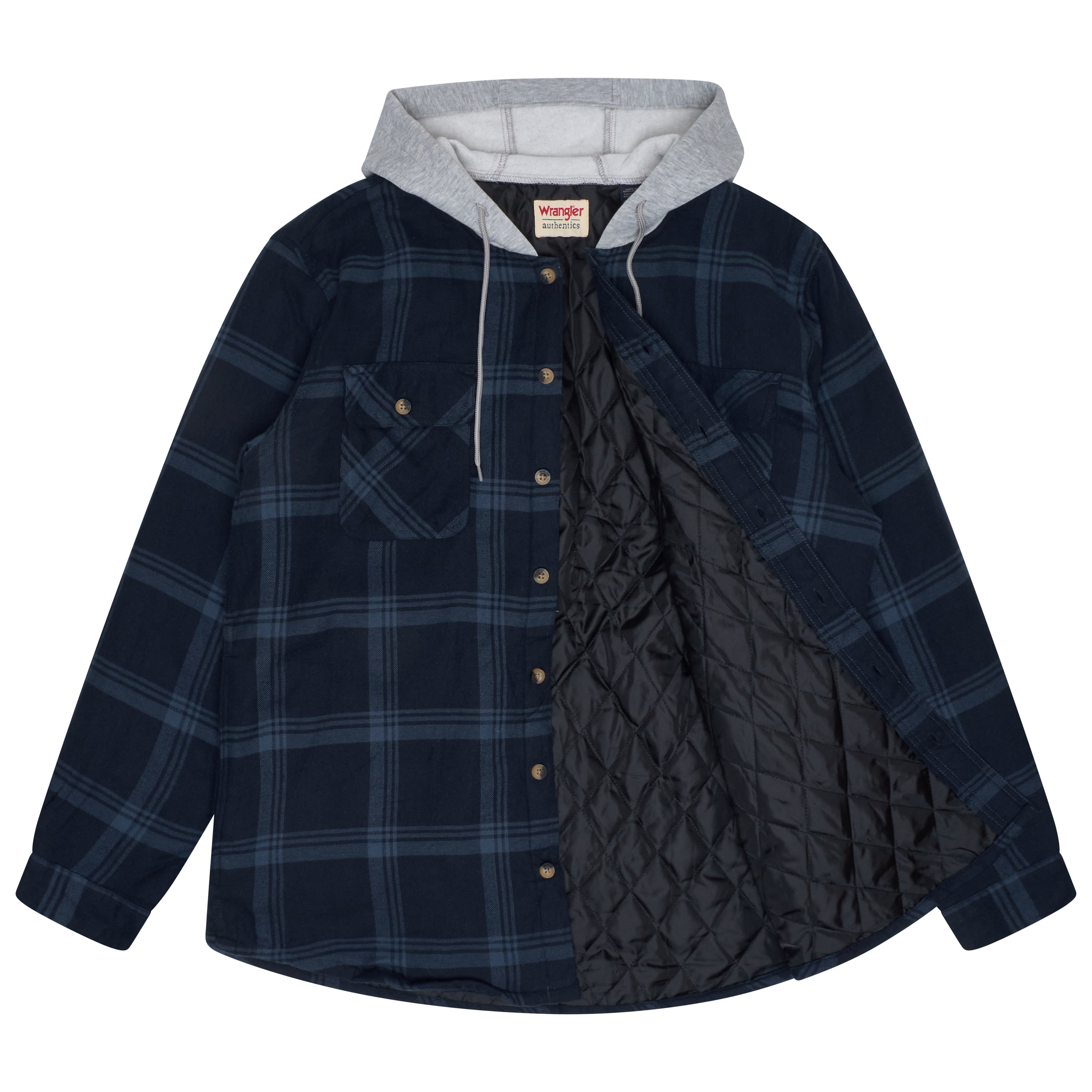 Wrangler Padded Hooded Shirt Jacket – Navy Check