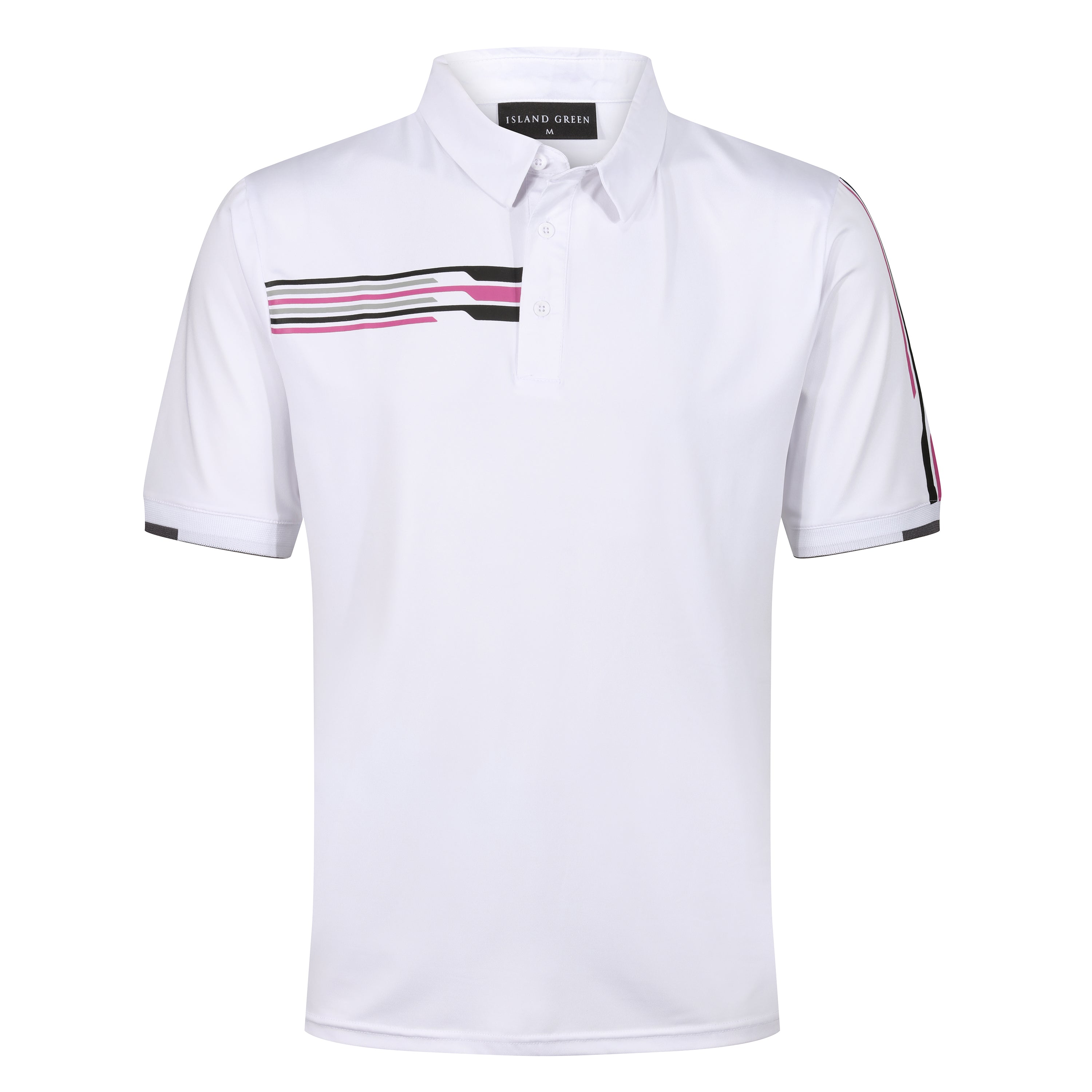 Island Green Racing Stripe Print Golf Sport Polo Shirt – M White