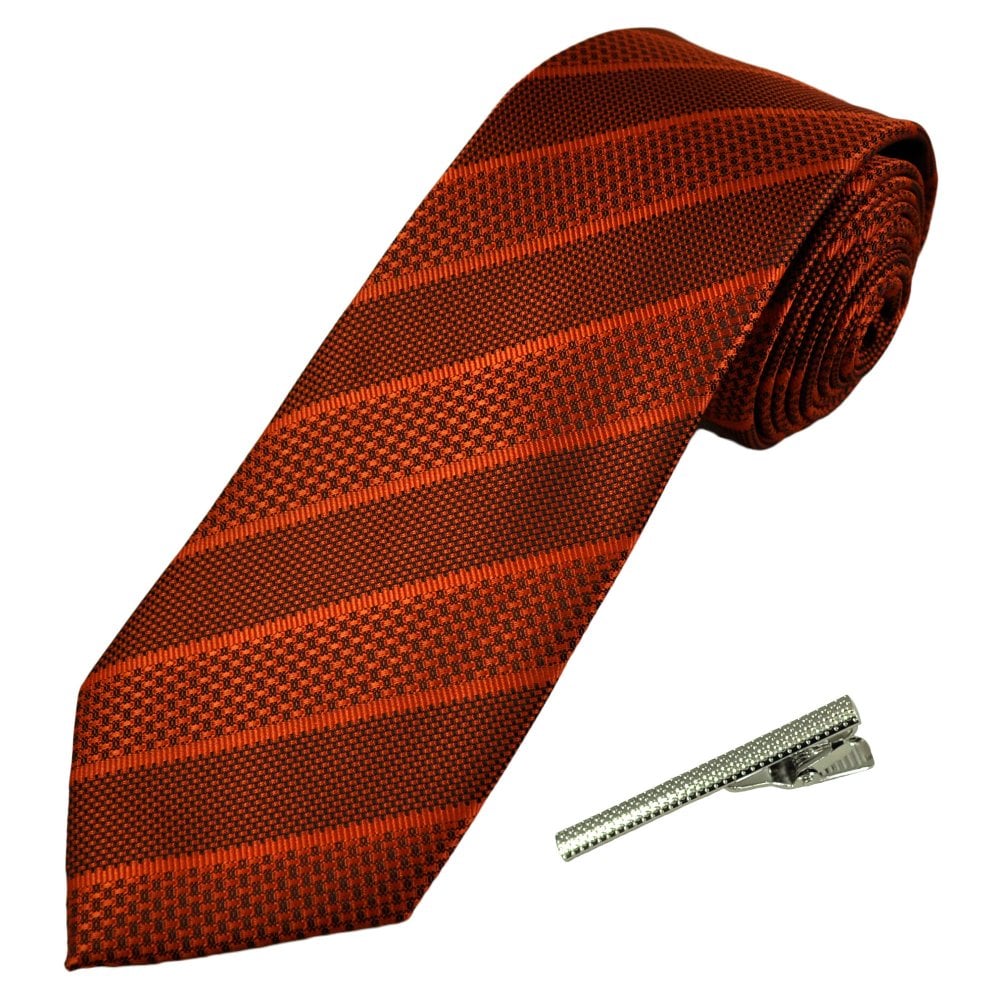 Rust Orange Striped Men's Tie with Tie Clip Rust Orange Striped Men's Tie with Tie Clip