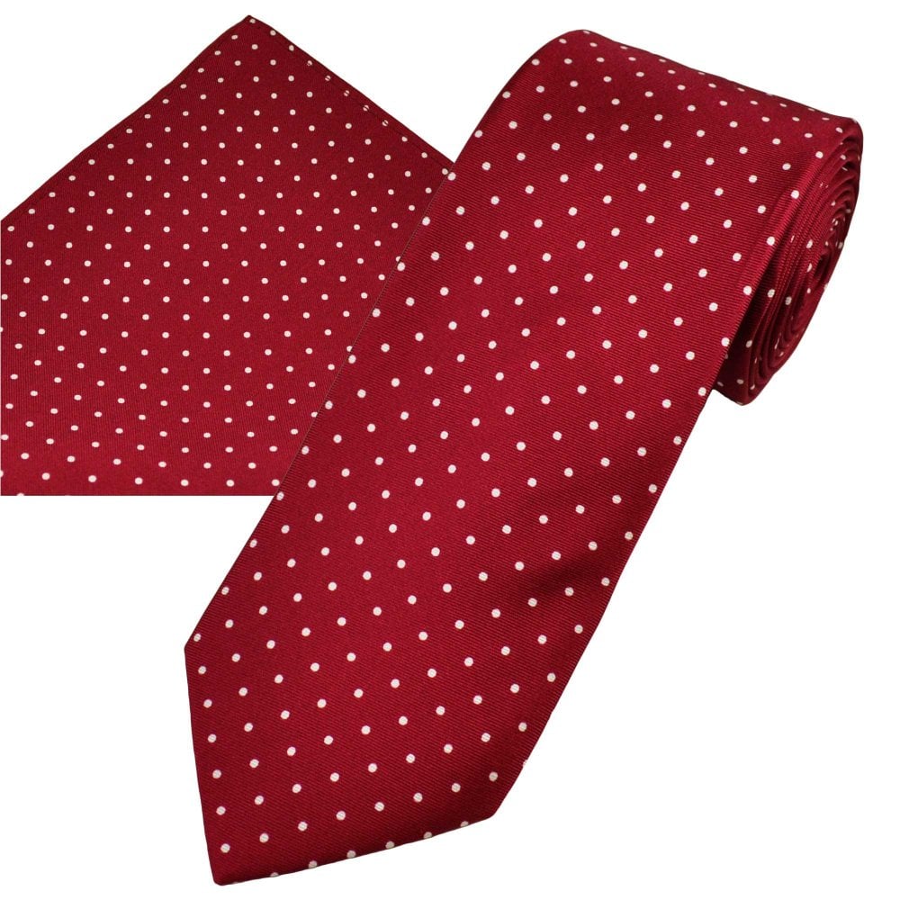 Burgundy & White Polka Dot Printed Silk Men's Tie & Pocket Square Set