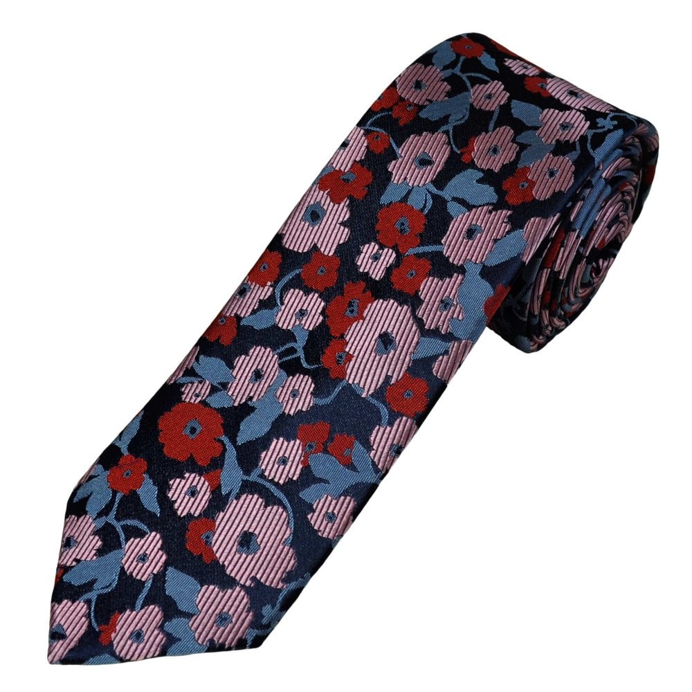 Tresanti Celeste Navy Blue, Grey, Red & Pink Flower Pattern Men's Silk Tie