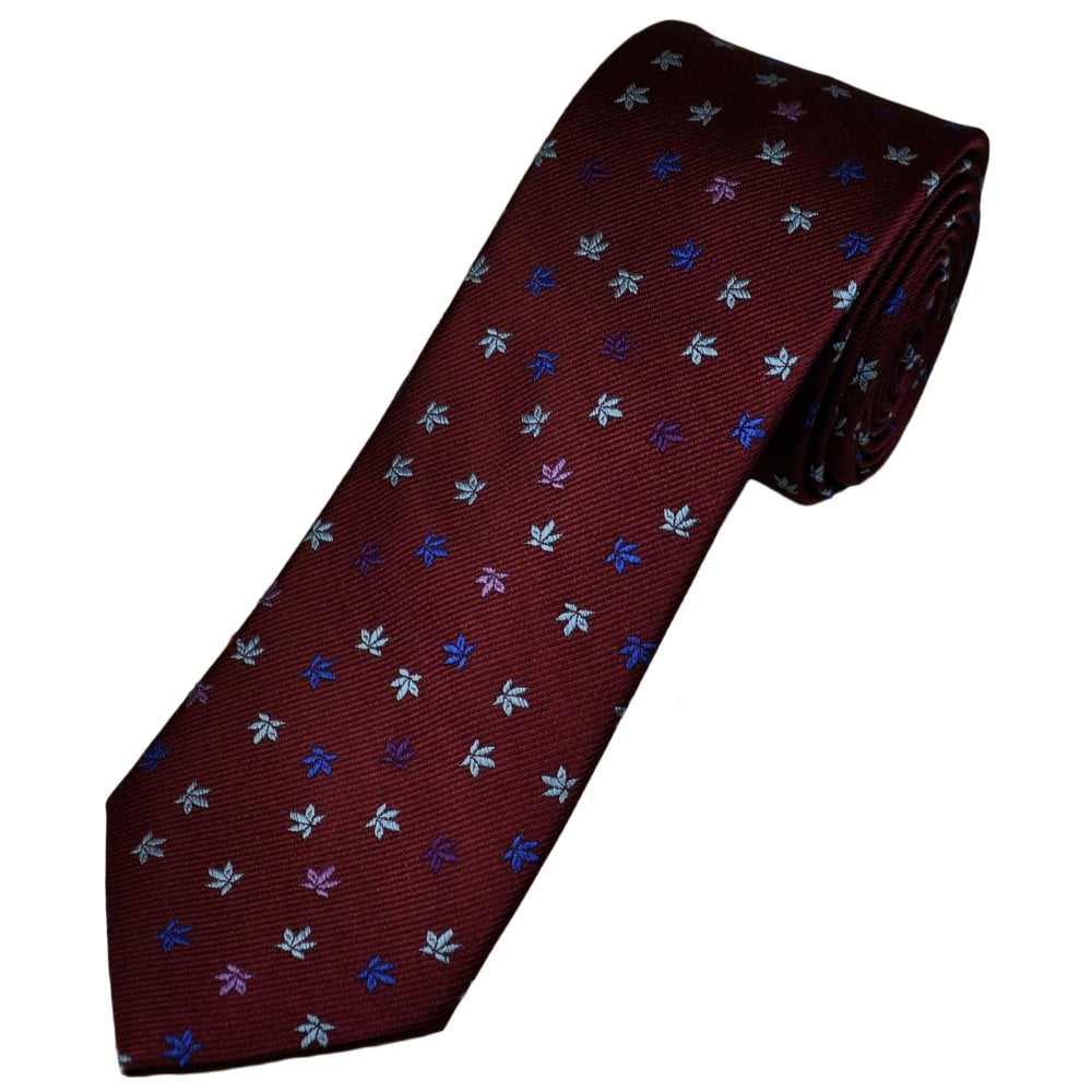 Tresanti Celeste Wine Red, Blue & Pink Leaf Pattern Men's Silk Designer Tie