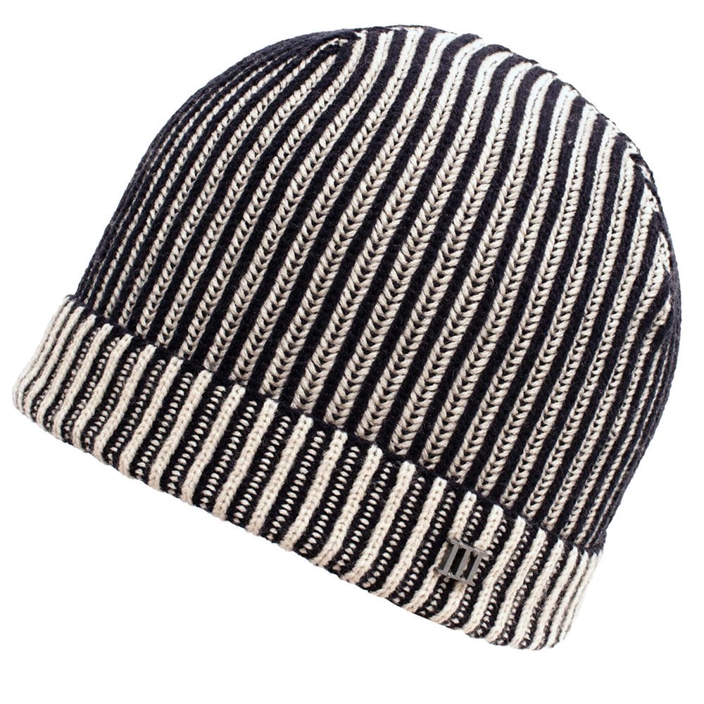 Tresanti Navy Blue & Ivory Ribbed Beanie Hat with Metal Tresanti Logo Tresanti Navy Blue & Ivory Ribbed Beanie Hat with Metal Tresanti Logo