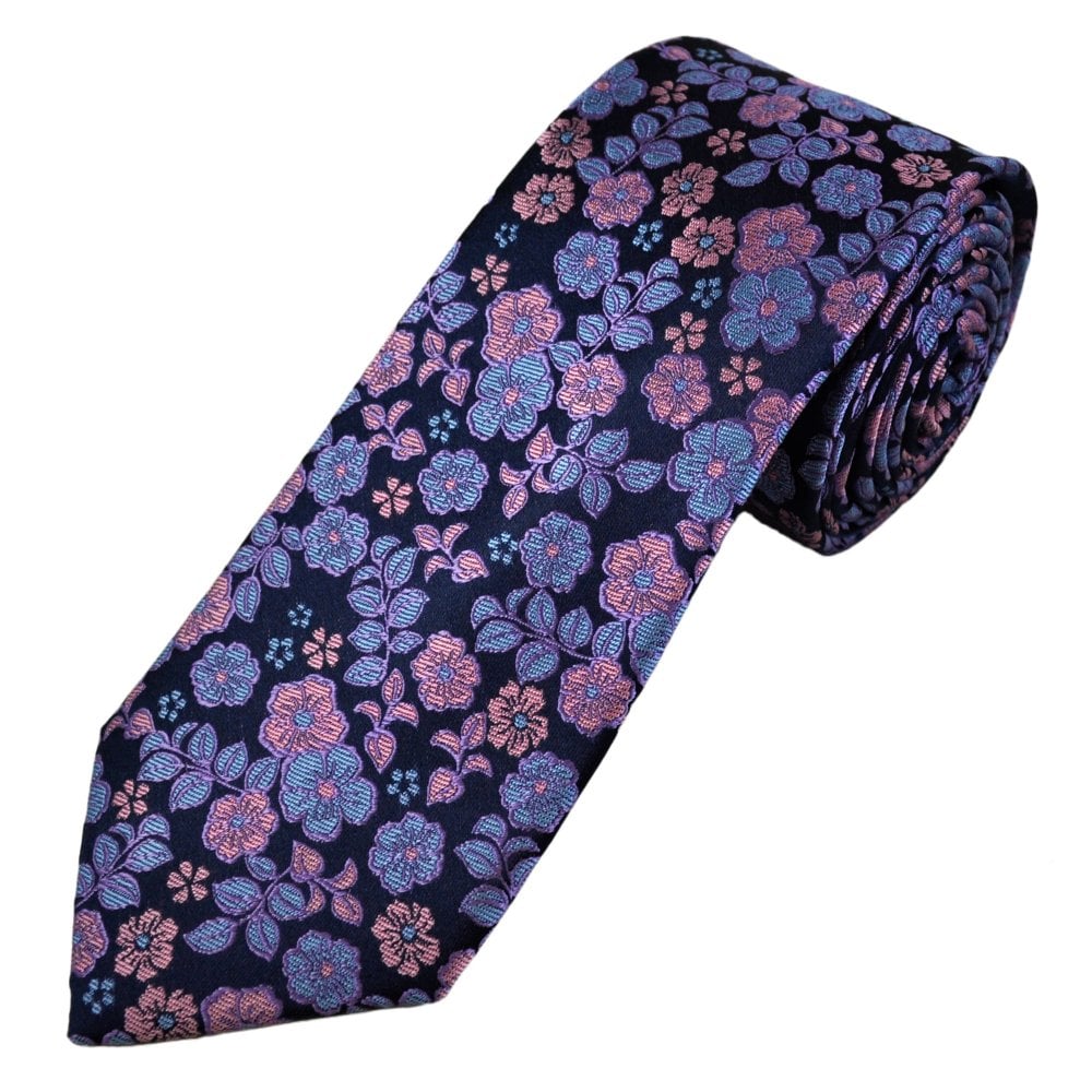Tresanti Reale Navy, Pink, Light Blue & Purple Flower Pattern Men's Silk Designer Tie Tresanti Reale Navy, Pink, Light Blue & Purple Flower Pattern Men's Silk Designer Tie