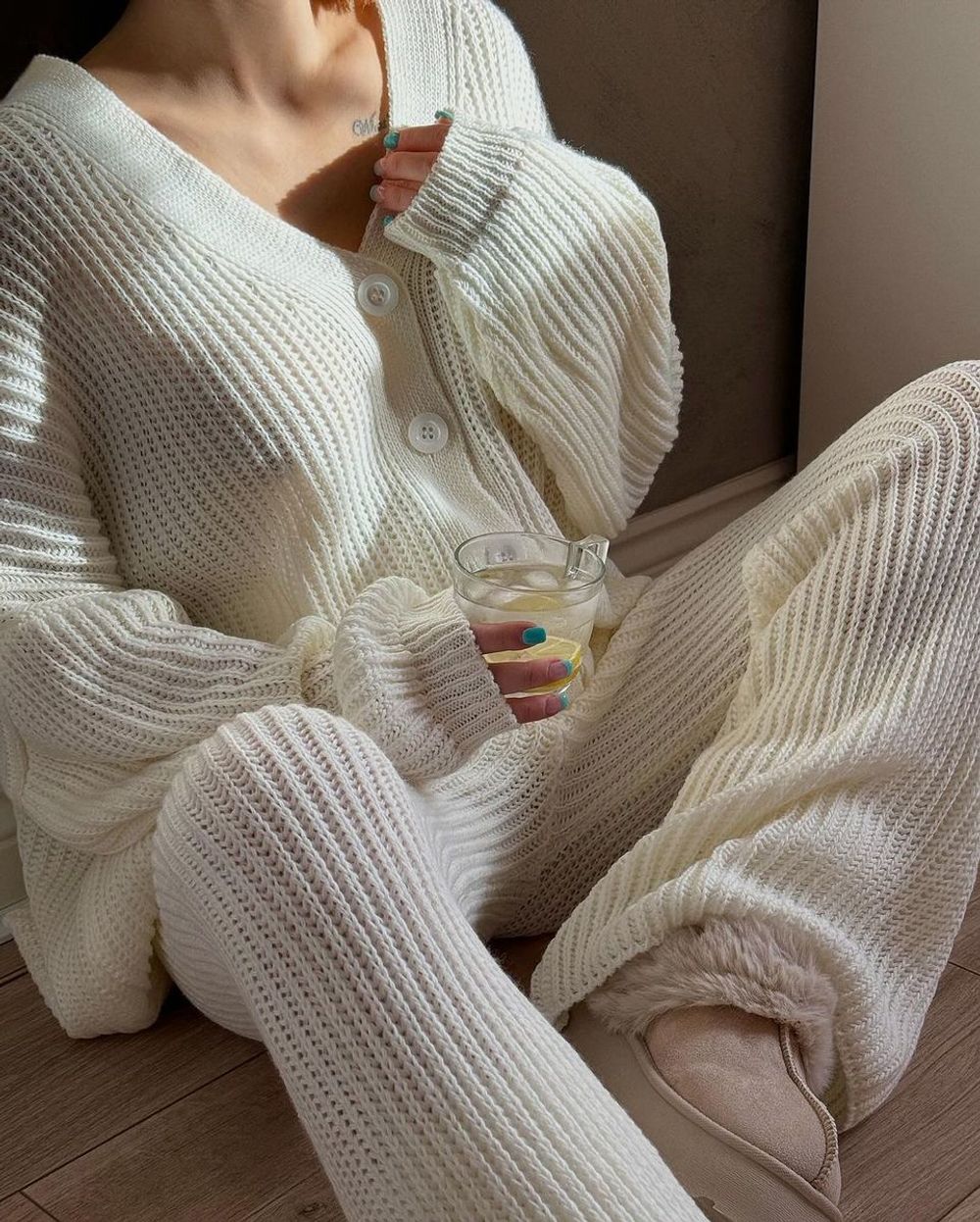 Chunky Knitted Button Up Cardigan Wide Leg Trousers Co-ord Set – SM Cream