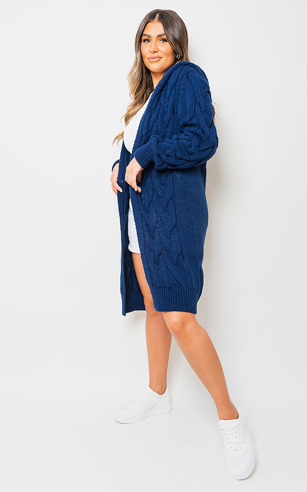 Chunky Cable Knitted Oversized Longline Hooded Cardigan – SM Navy