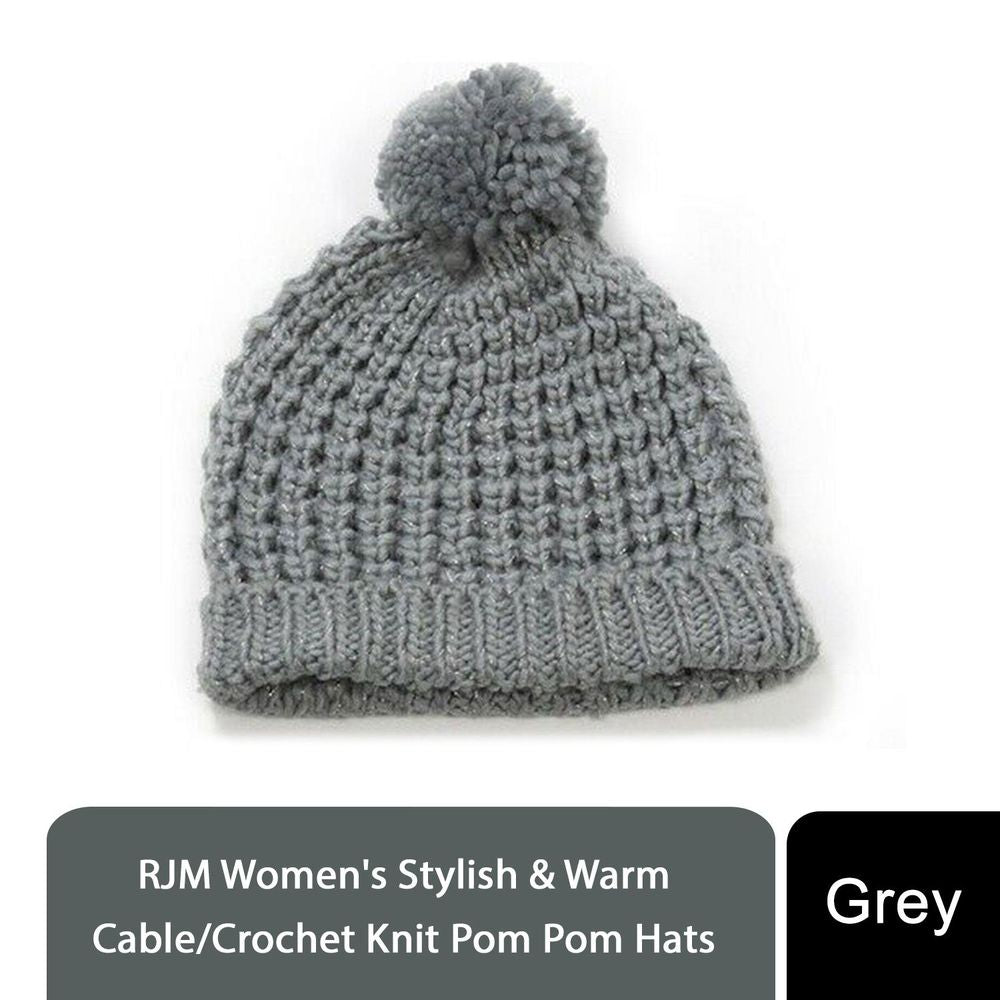 Stylish Ladies Winter Knitted Beanie with Pom Pom – Grey or Blue