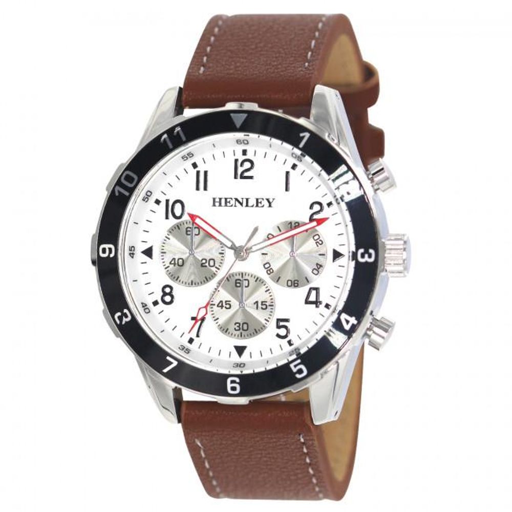 Henley Mens Multi Eye Sports Watch, White Dial, Brown Leather Strap – H. Henley Mens Multi Eye Sports Watch, White Dial, Brown Leather Strap – H.