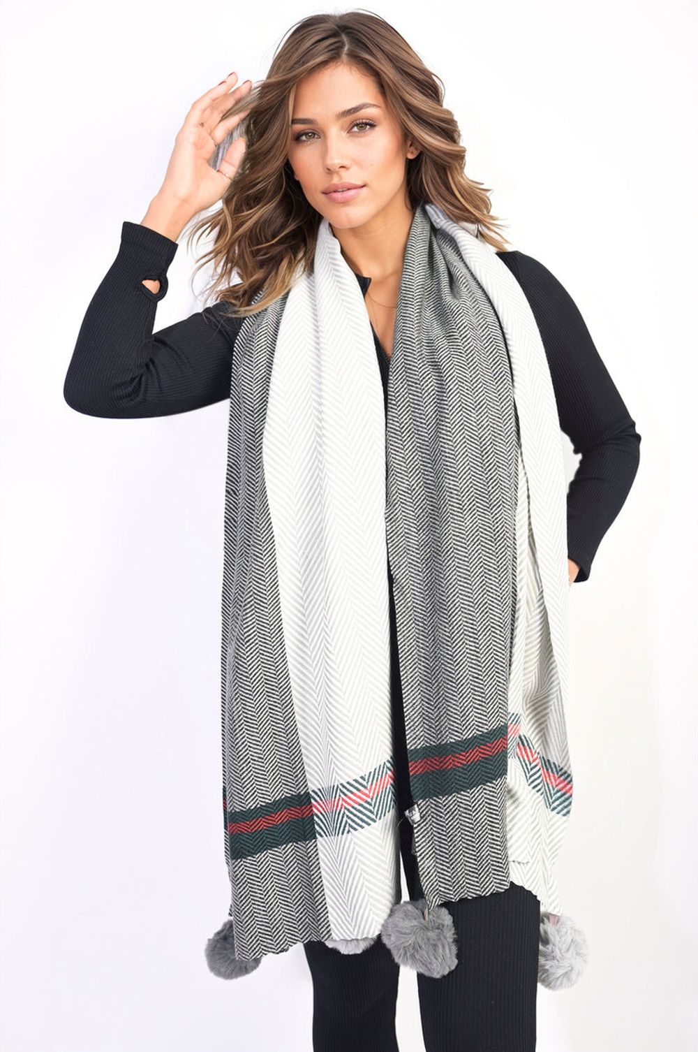 Cozy & Chic: Avah Striped Pompom Tassel Winter Scarf – SIZE Grey Cozy & Chic: Avah Striped Pompom Tassel Winter Scarf – SIZE Grey