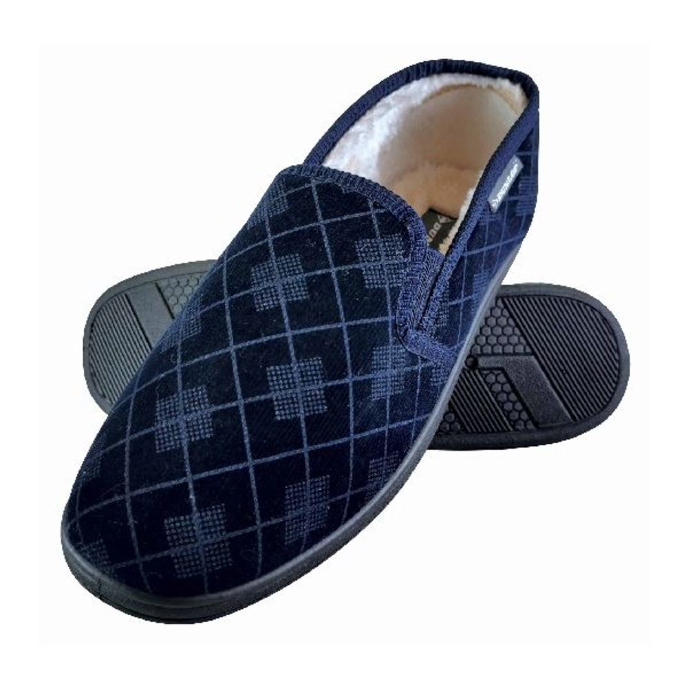 Mens Memory Foam Moccasin Dunlop Slippers – Navy Mens Memory Foam Moccasin Dunlop Slippers – Navy