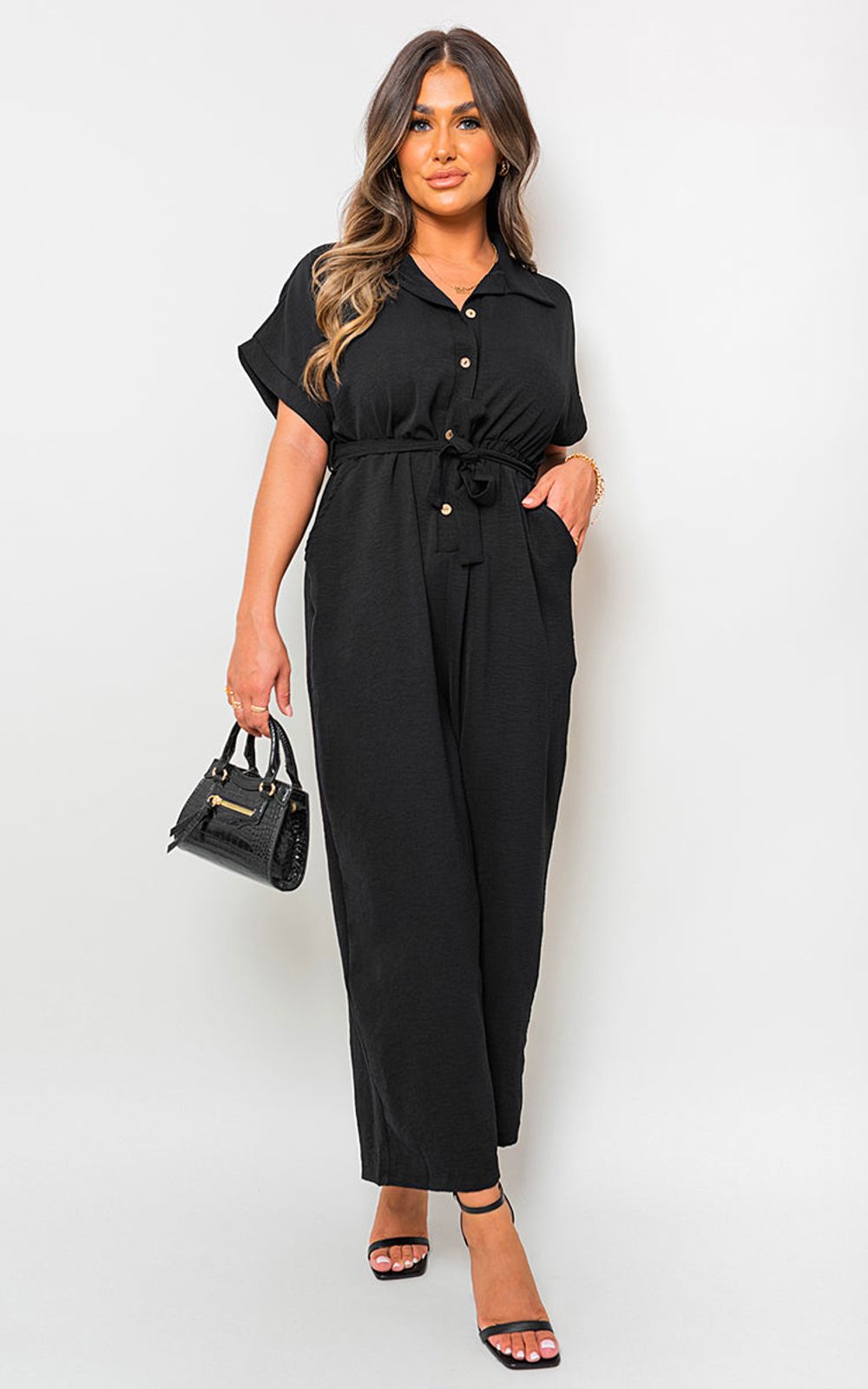 Casual Tie Waist Short Sleeve Jumpsuit – Effortlessly Chic and Versatile! – SM Black